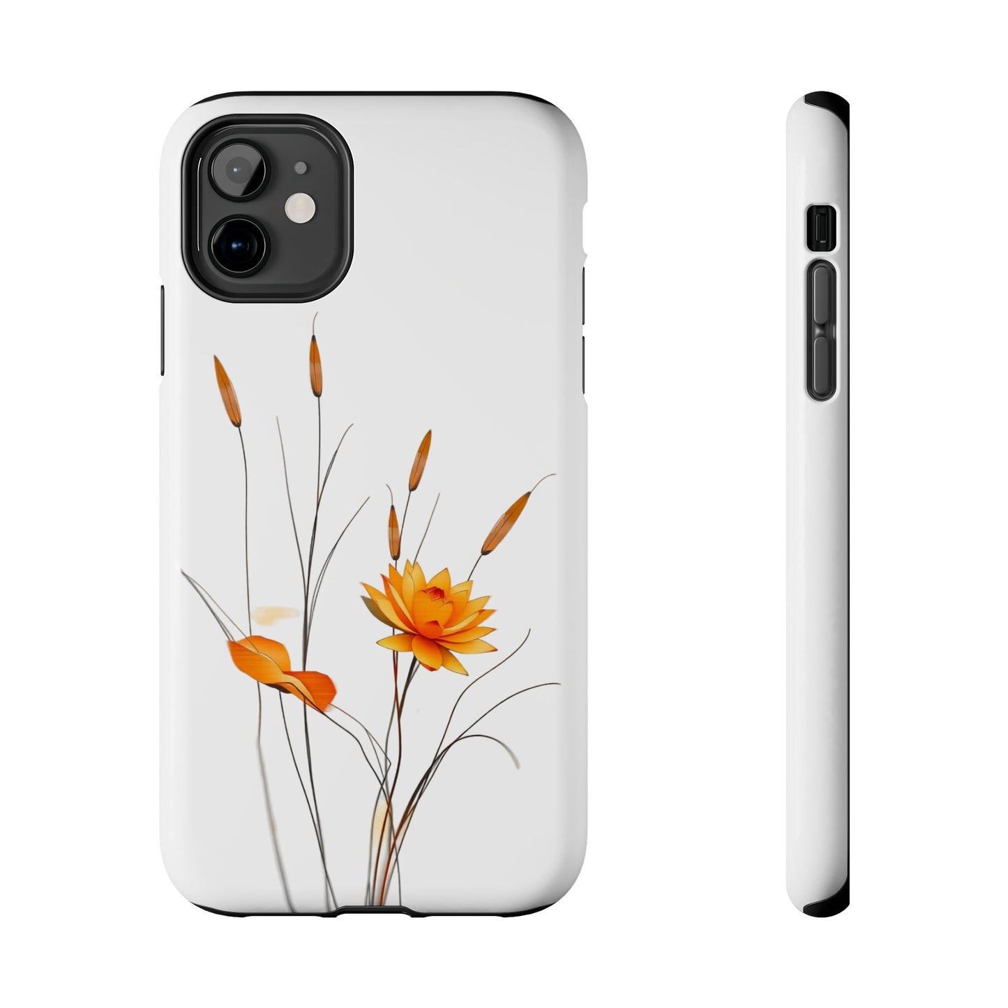 "Nature-Inspired Design Tough Phone Case – Bold Orange Blossom with Graceful Reeds"