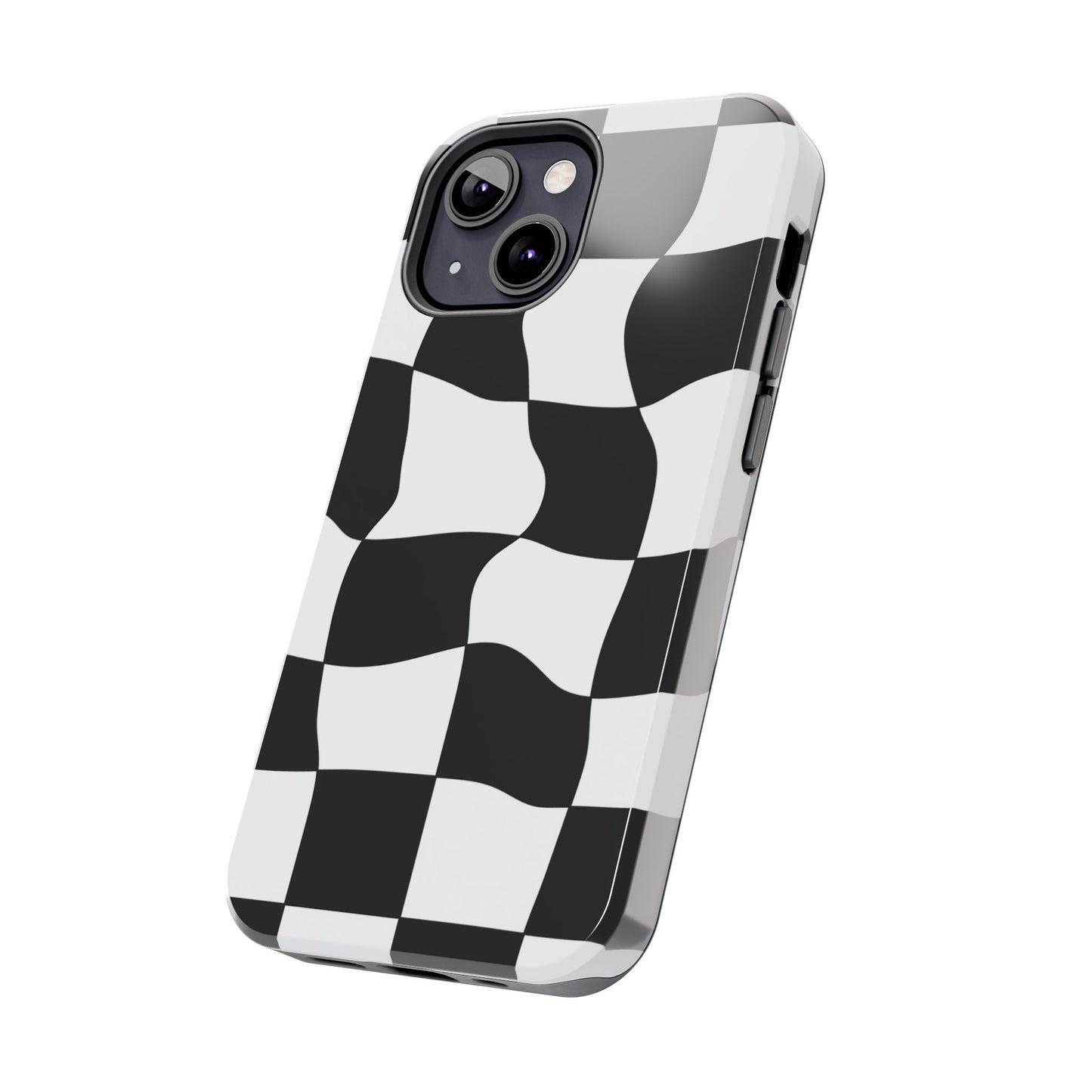 "Stand out with this sleek, black-and-white checkered phone case featuring a stylish, wavy design for a unique and modern look!"