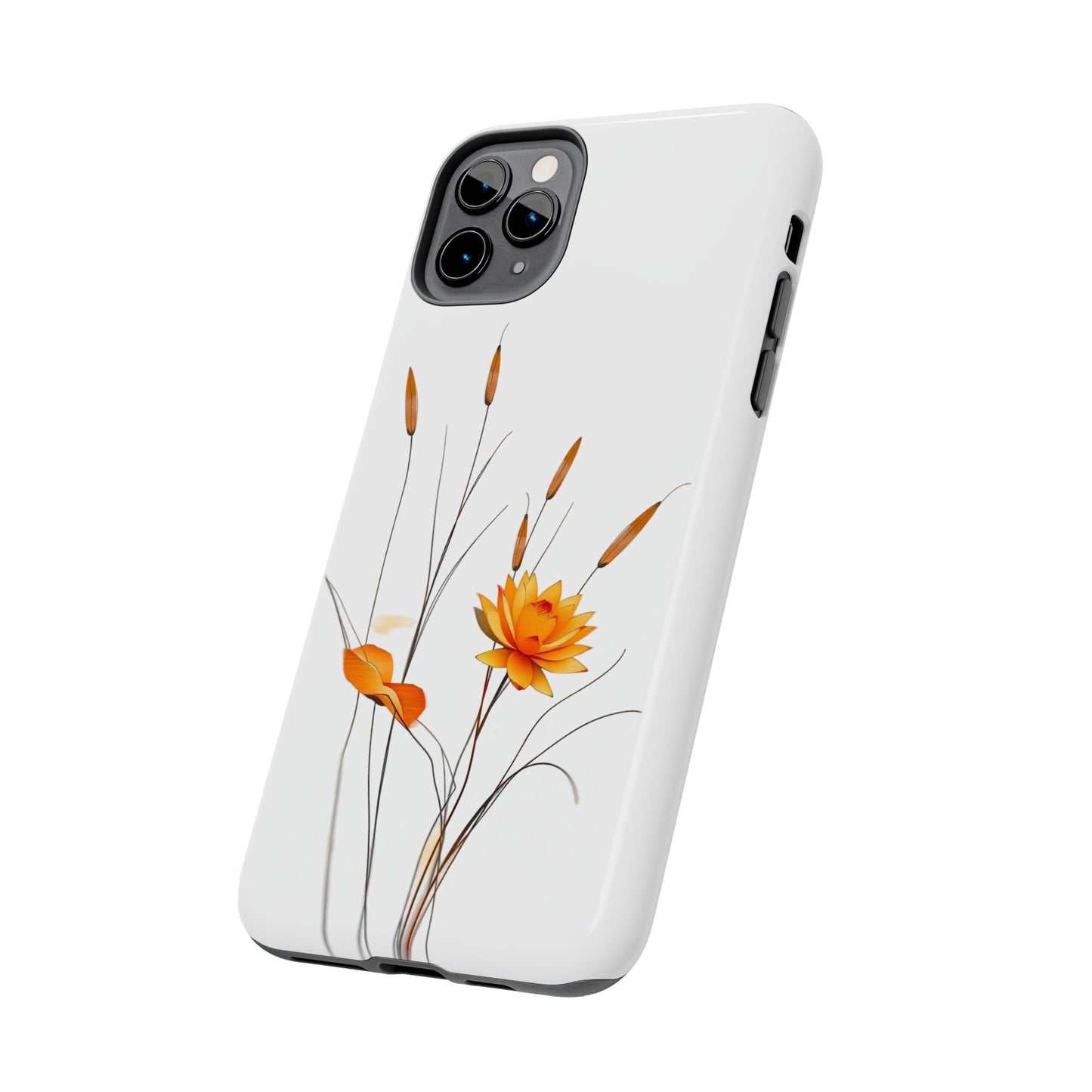 "Nature-Inspired Design Tough Phone Case – Bold Orange Blossom with Graceful Reeds"