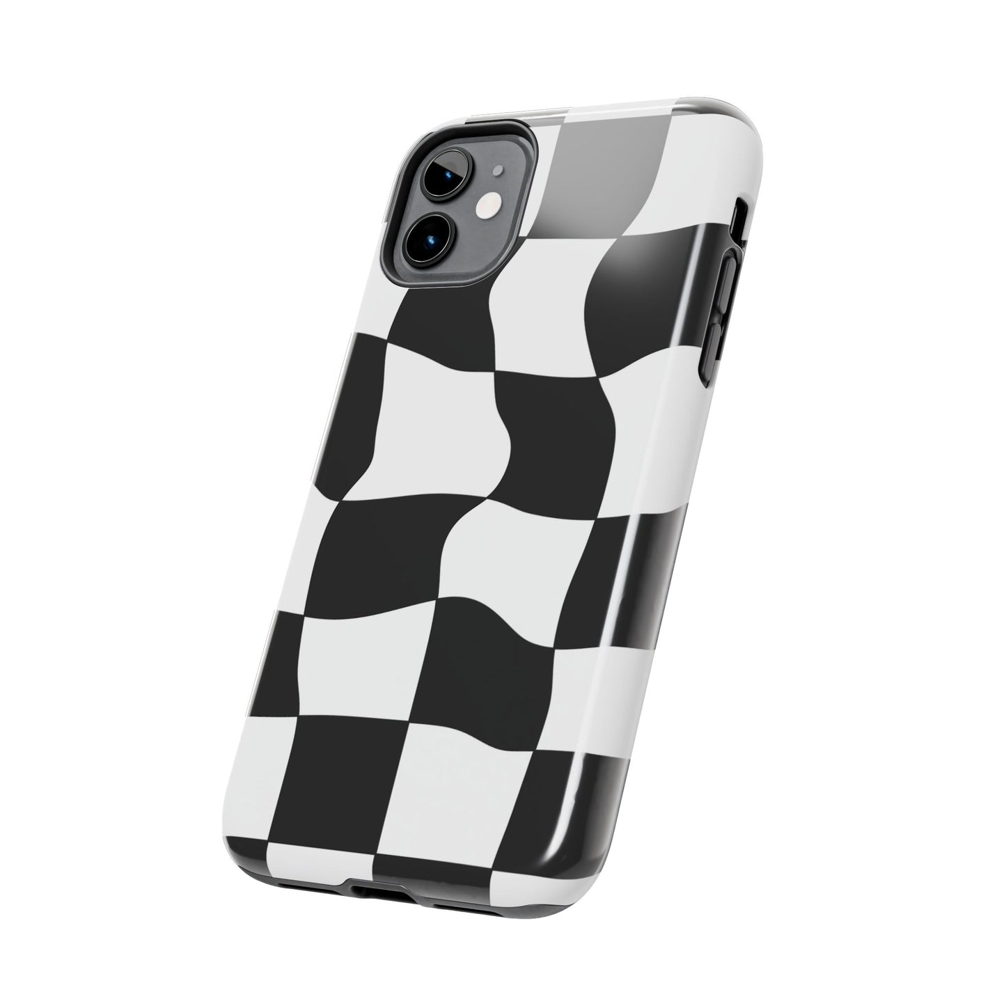 "Stand out with this sleek, black-and-white checkered phone case featuring a stylish, wavy design for a unique and modern look!"