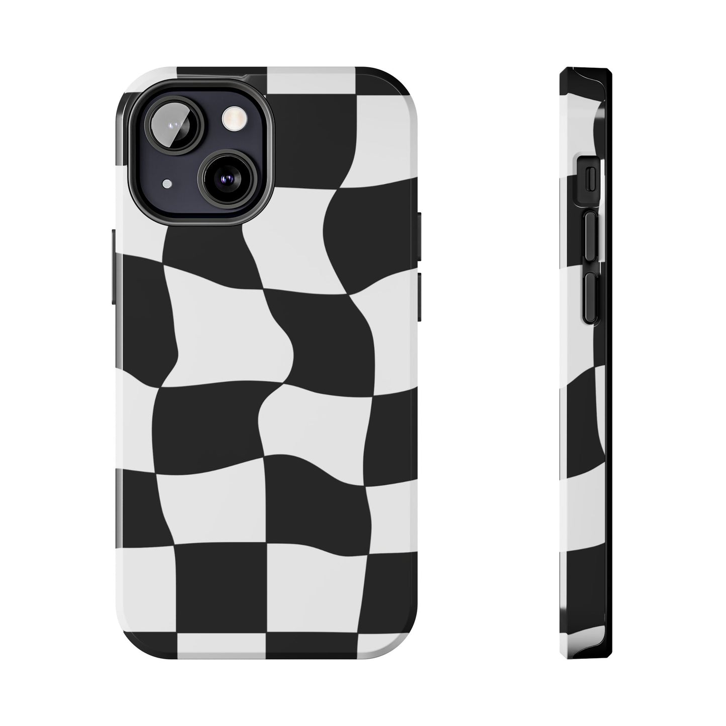 "Stand out with this sleek, black-and-white checkered phone case featuring a stylish, wavy design for a unique and modern look!"