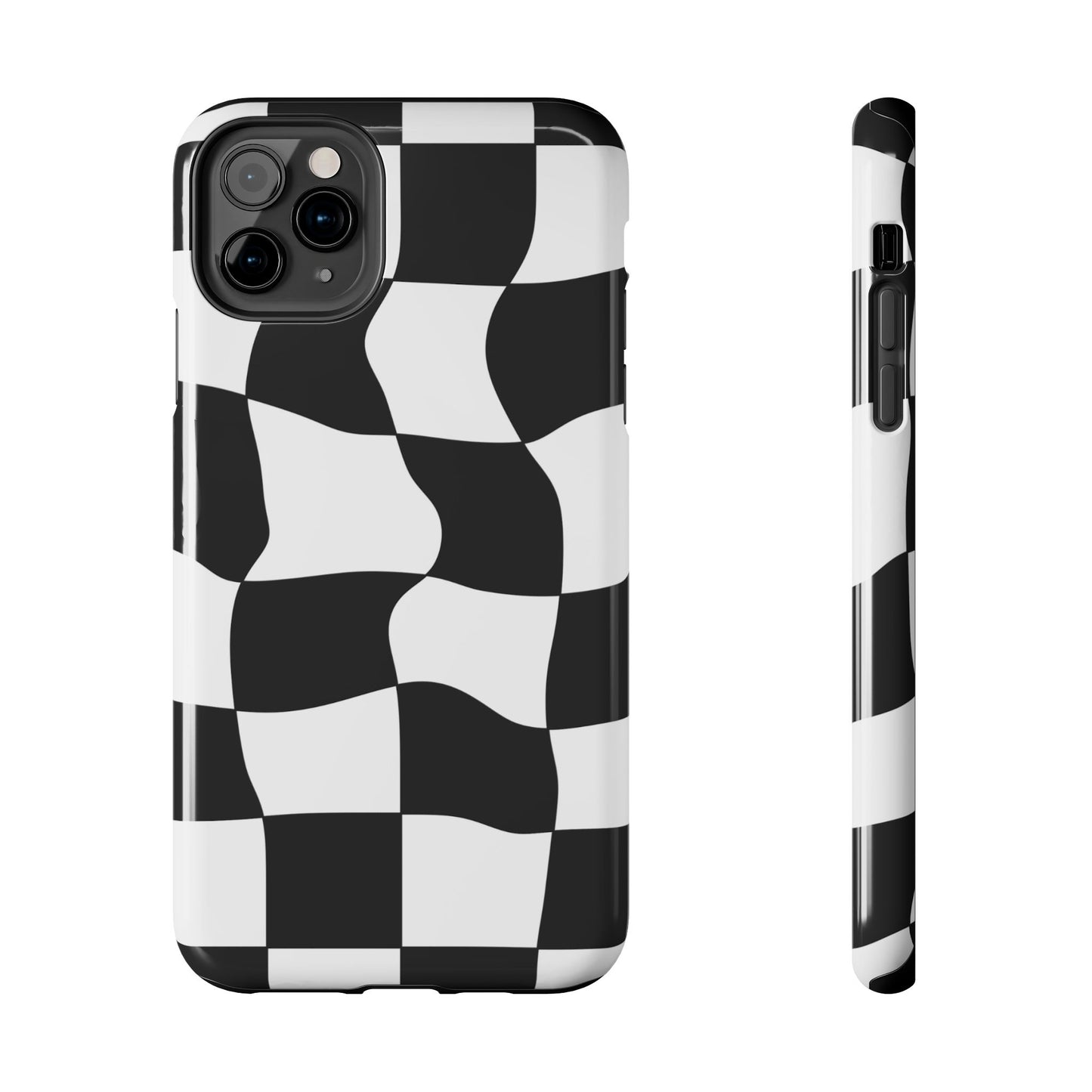 "Stand out with this sleek, black-and-white checkered phone case featuring a stylish, wavy design for a unique and modern look!"