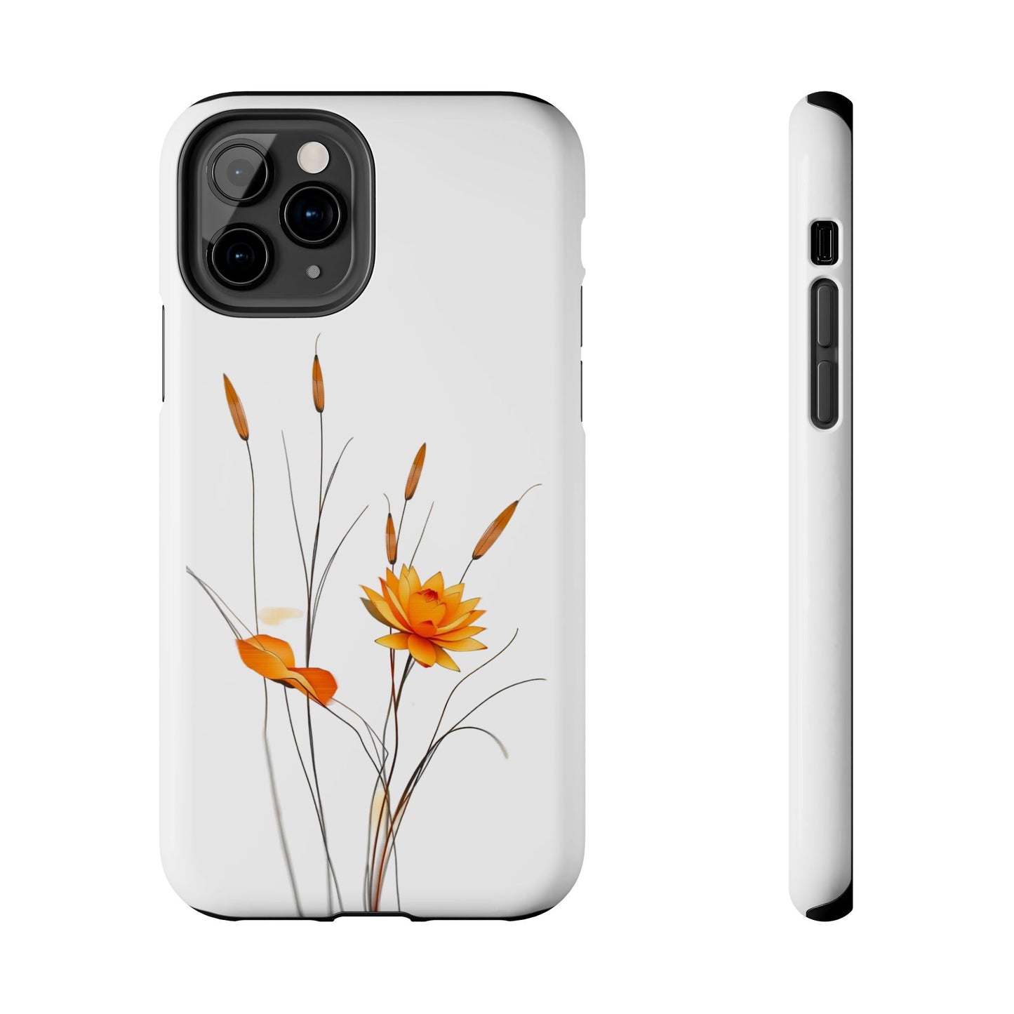 "Nature-Inspired Design Tough Phone Case – Bold Orange Blossom with Graceful Reeds"