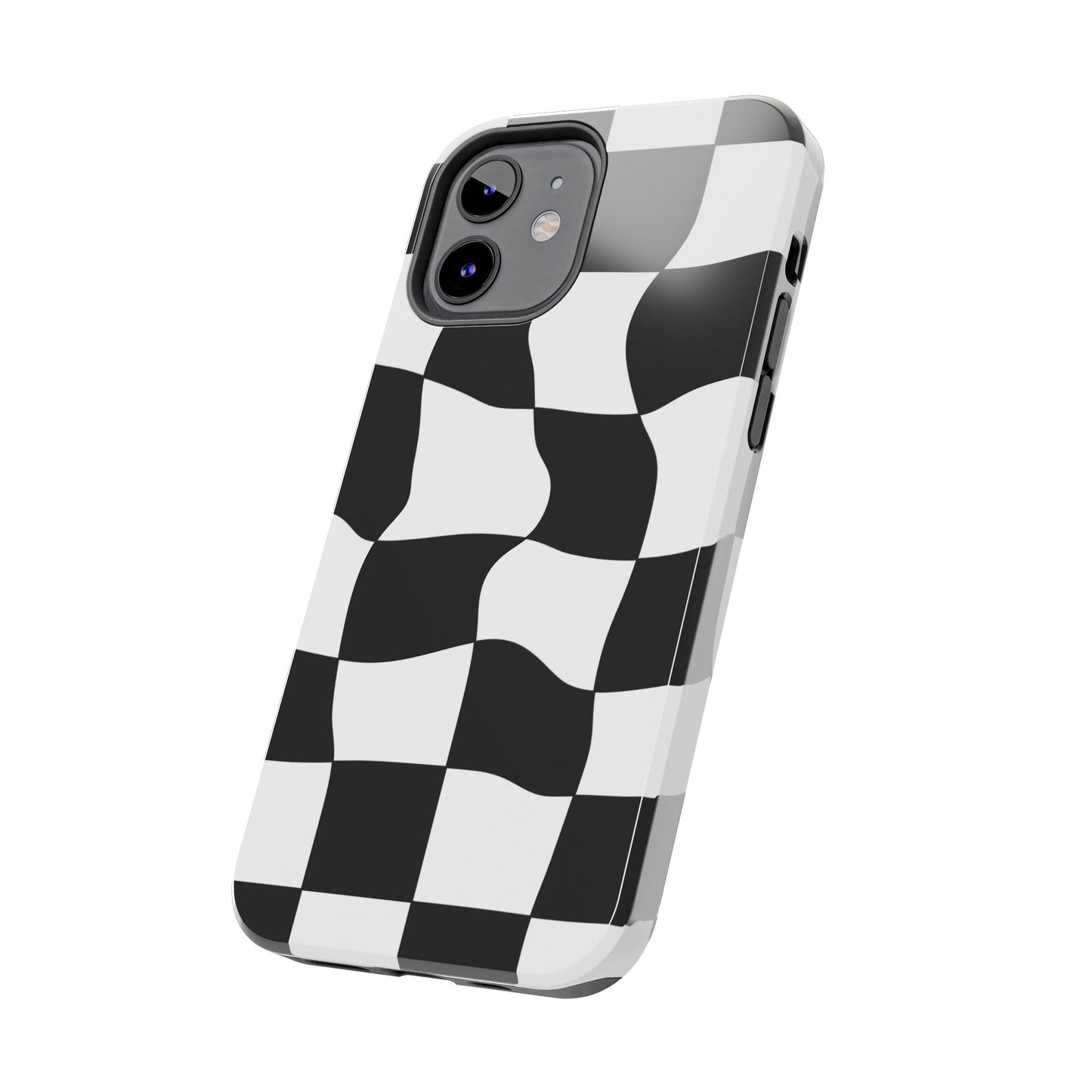 "Stand out with this sleek, black-and-white checkered phone case featuring a stylish, wavy design for a unique and modern look!"