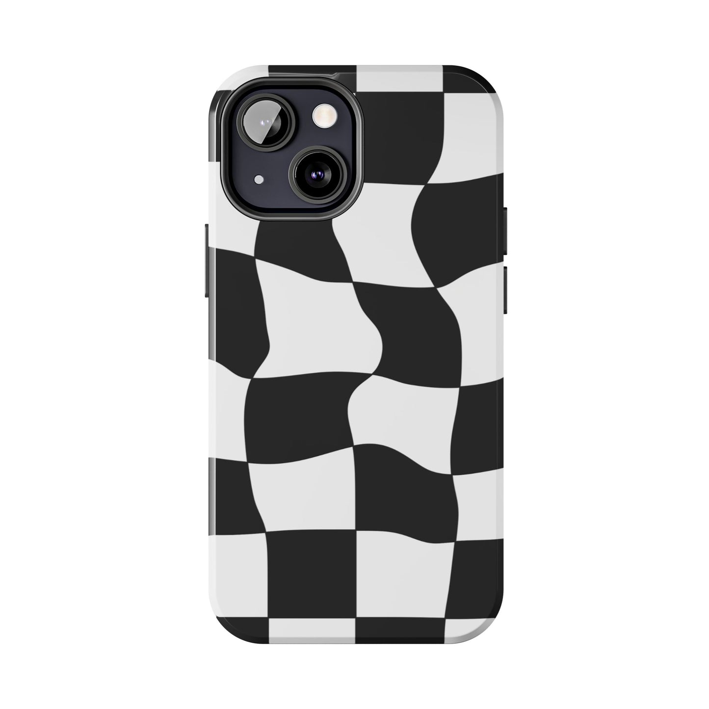 "Stand out with this sleek, black-and-white checkered phone case featuring a stylish, wavy design for a unique and modern look!"