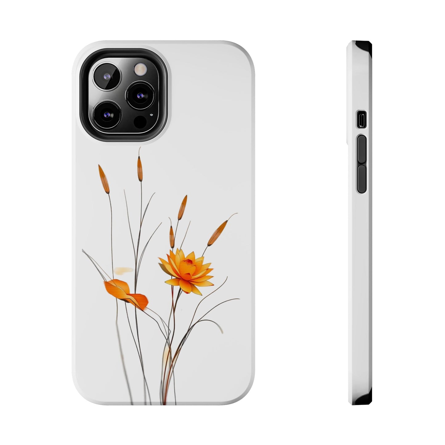 "Nature-Inspired Design Tough Phone Case – Bold Orange Blossom with Graceful Reeds"