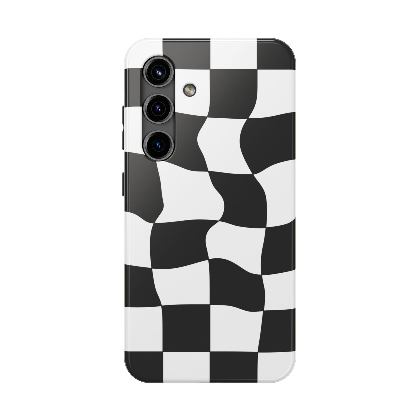 "Stand out with this sleek, black-and-white checkered phone case featuring a stylish, wavy design for a unique and modern look!"