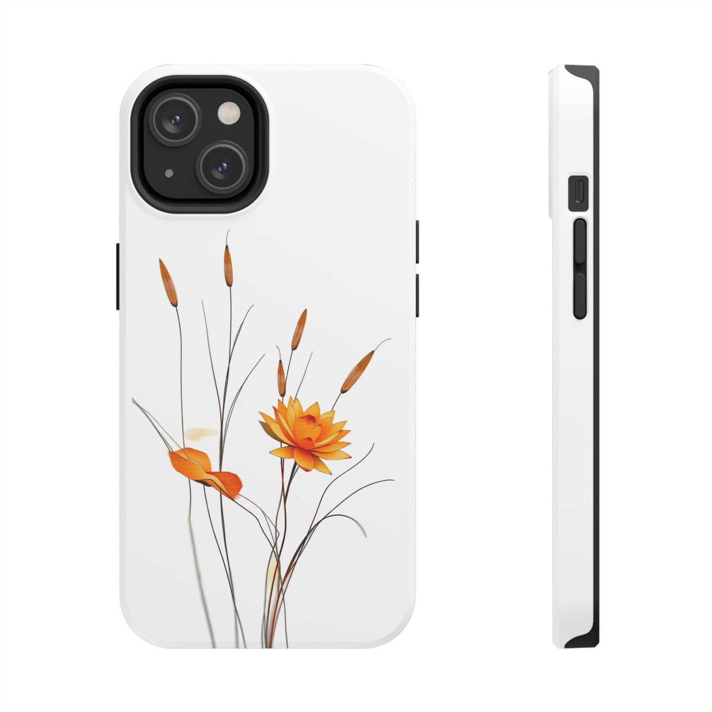 "Nature-Inspired Design Tough Phone Case – Bold Orange Blossom with Graceful Reeds"