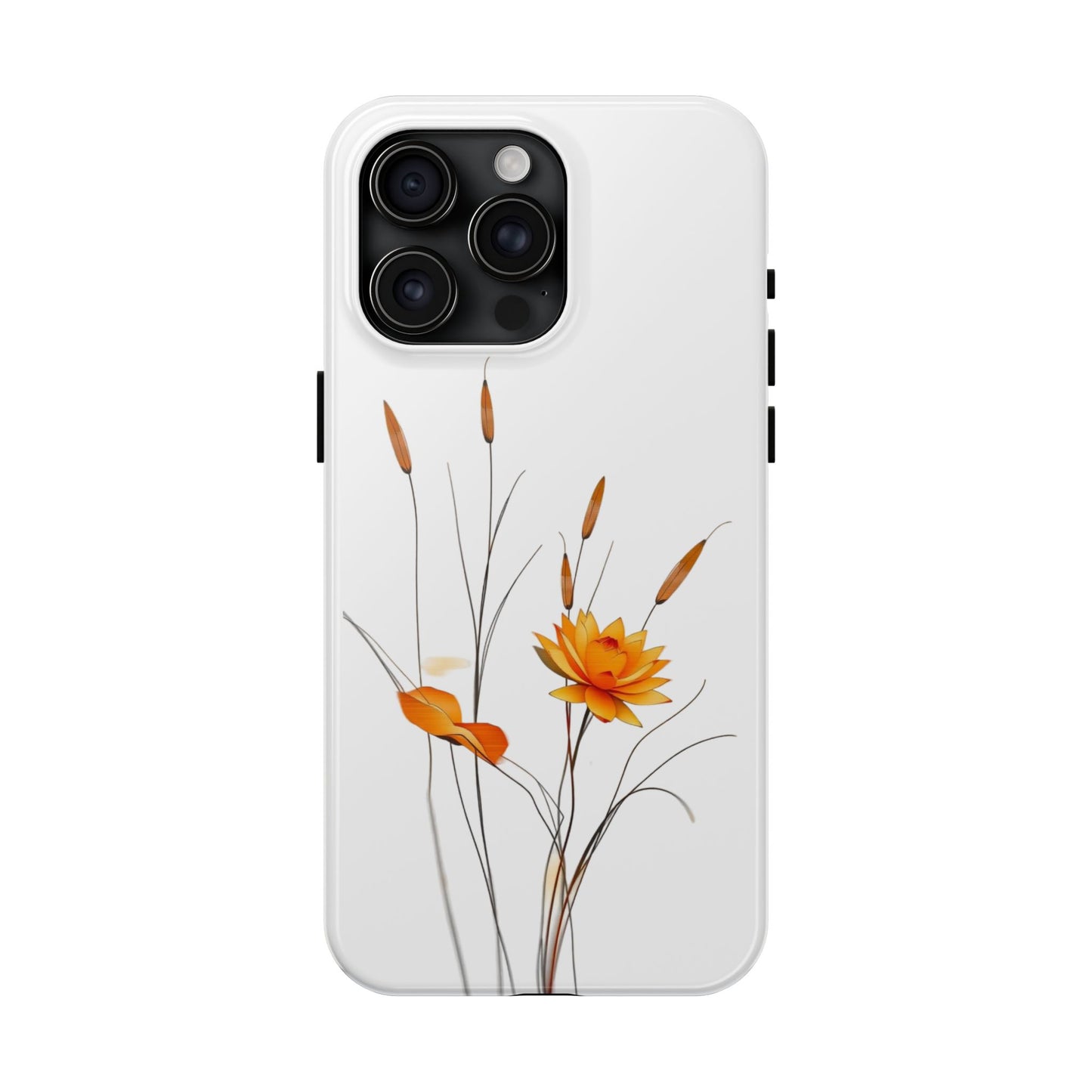 "Nature-Inspired Design Tough Phone Case – Bold Orange Blossom with Graceful Reeds"