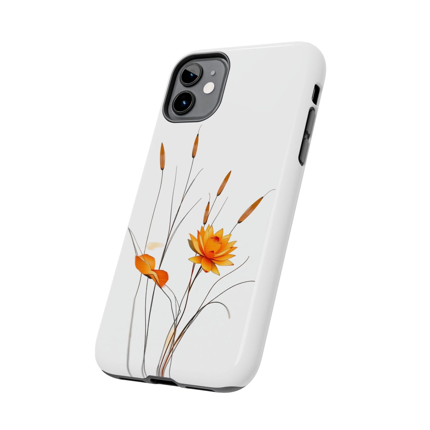 "Nature-Inspired Design Tough Phone Case – Bold Orange Blossom with Graceful Reeds"