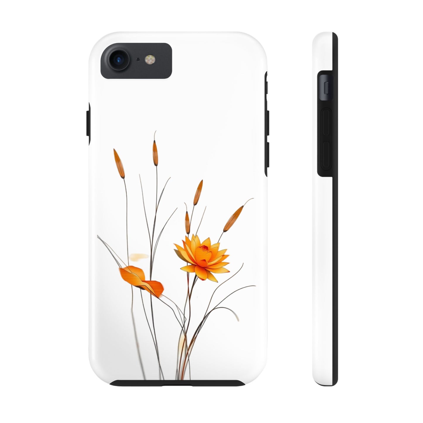 "Nature-Inspired Design Tough Phone Case – Bold Orange Blossom with Graceful Reeds"