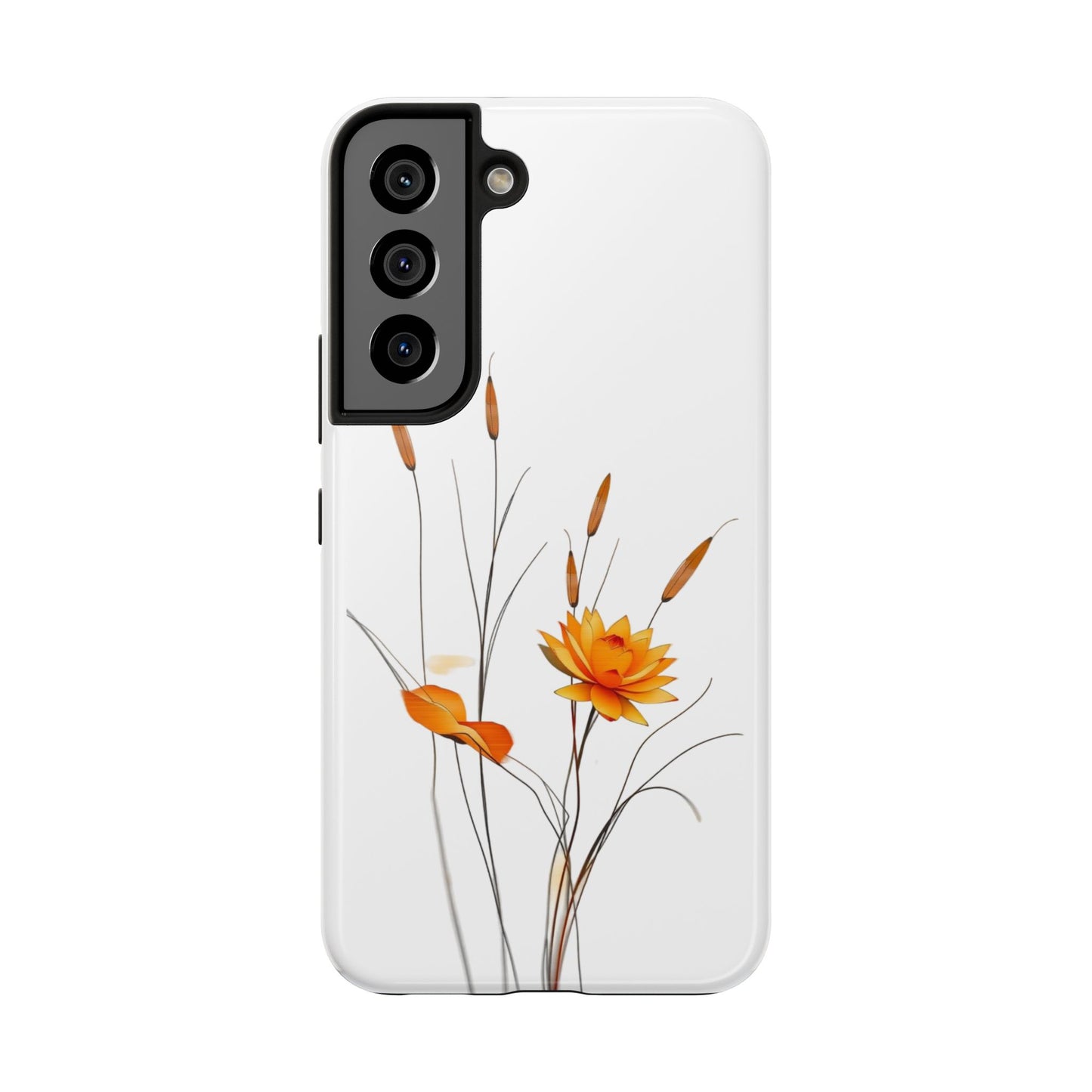 "Nature-Inspired Design Tough Phone Case – Bold Orange Blossom with Graceful Reeds"