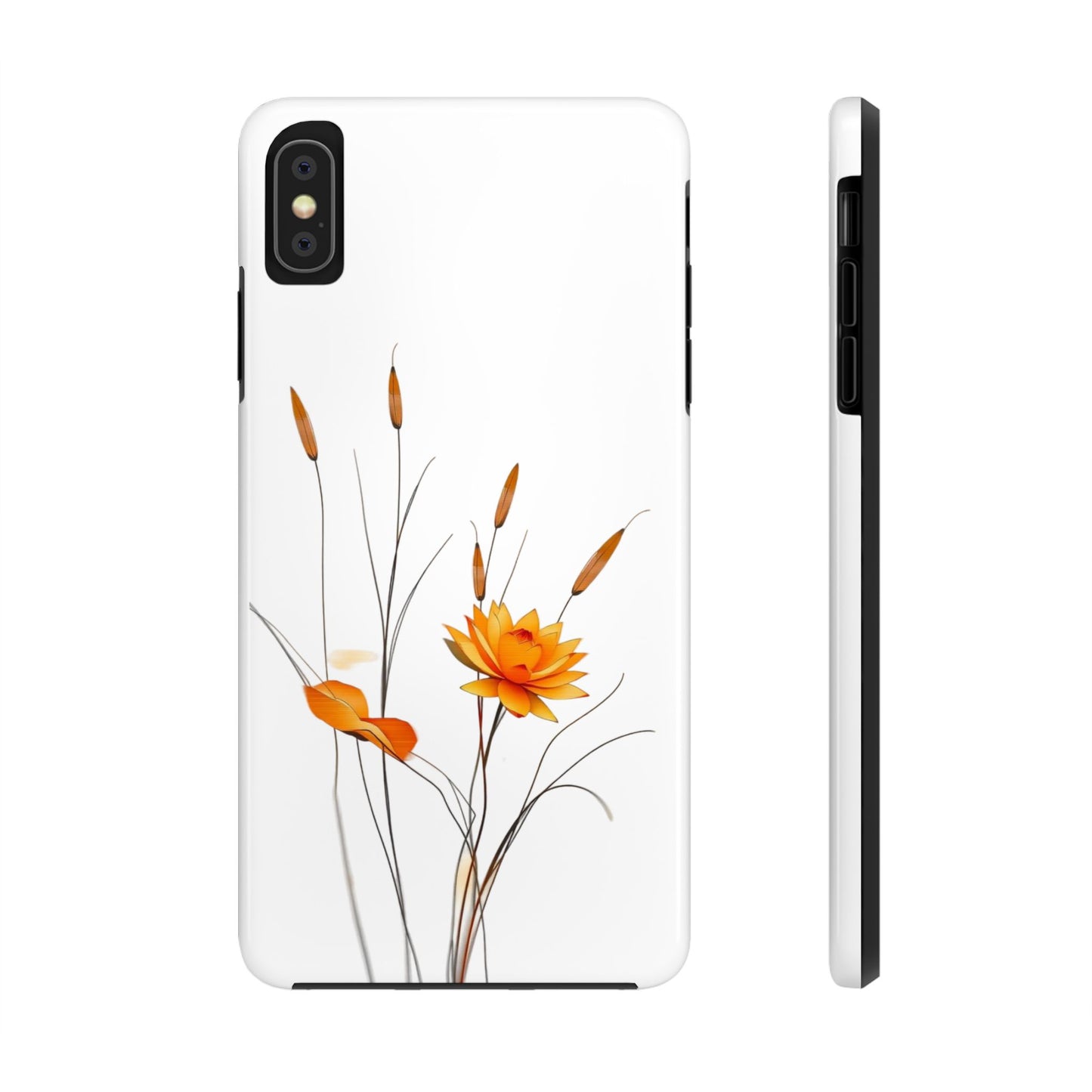 "Nature-Inspired Design Tough Phone Case – Bold Orange Blossom with Graceful Reeds"