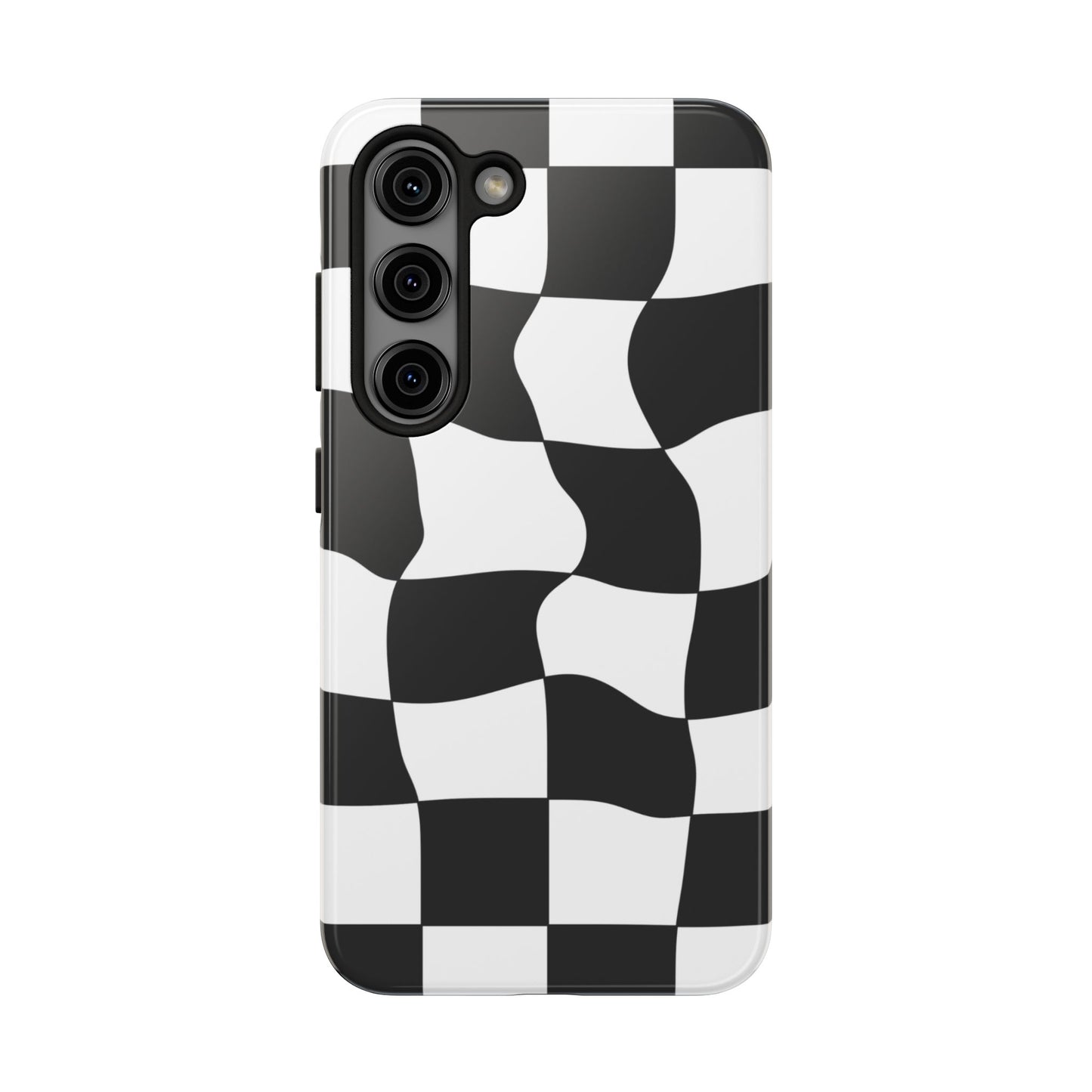 "Stand out with this sleek, black-and-white checkered phone case featuring a stylish, wavy design for a unique and modern look!"