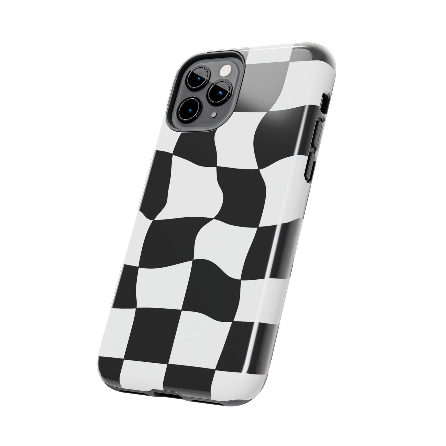 "Stand out with this sleek, black-and-white checkered phone case featuring a stylish, wavy design for a unique and modern look!"