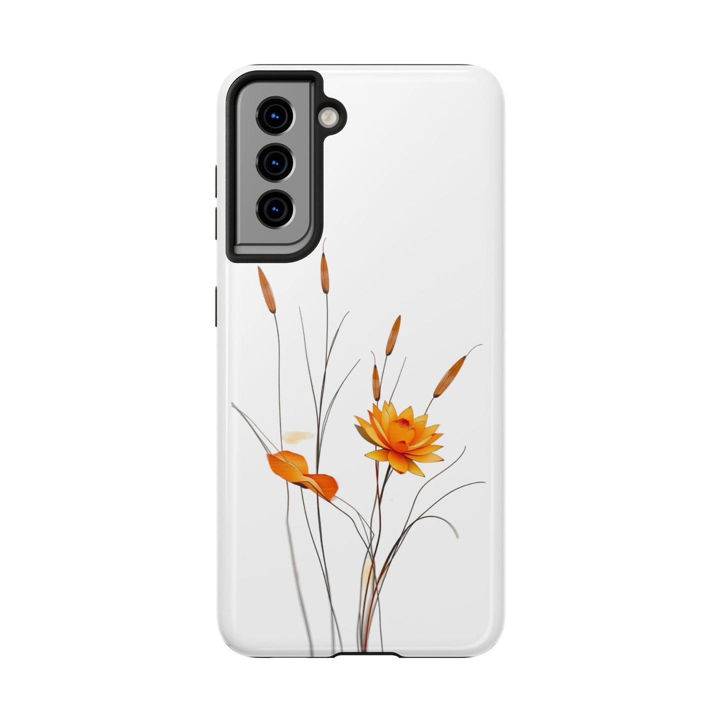 "Nature-Inspired Design Tough Phone Case – Bold Orange Blossom with Graceful Reeds"