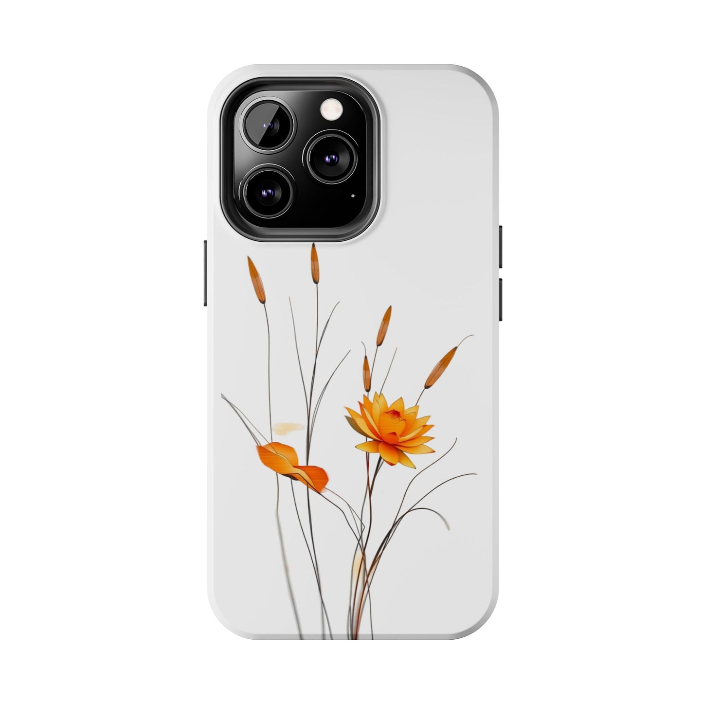 "Nature-Inspired Design Tough Phone Case – Bold Orange Blossom with Graceful Reeds"