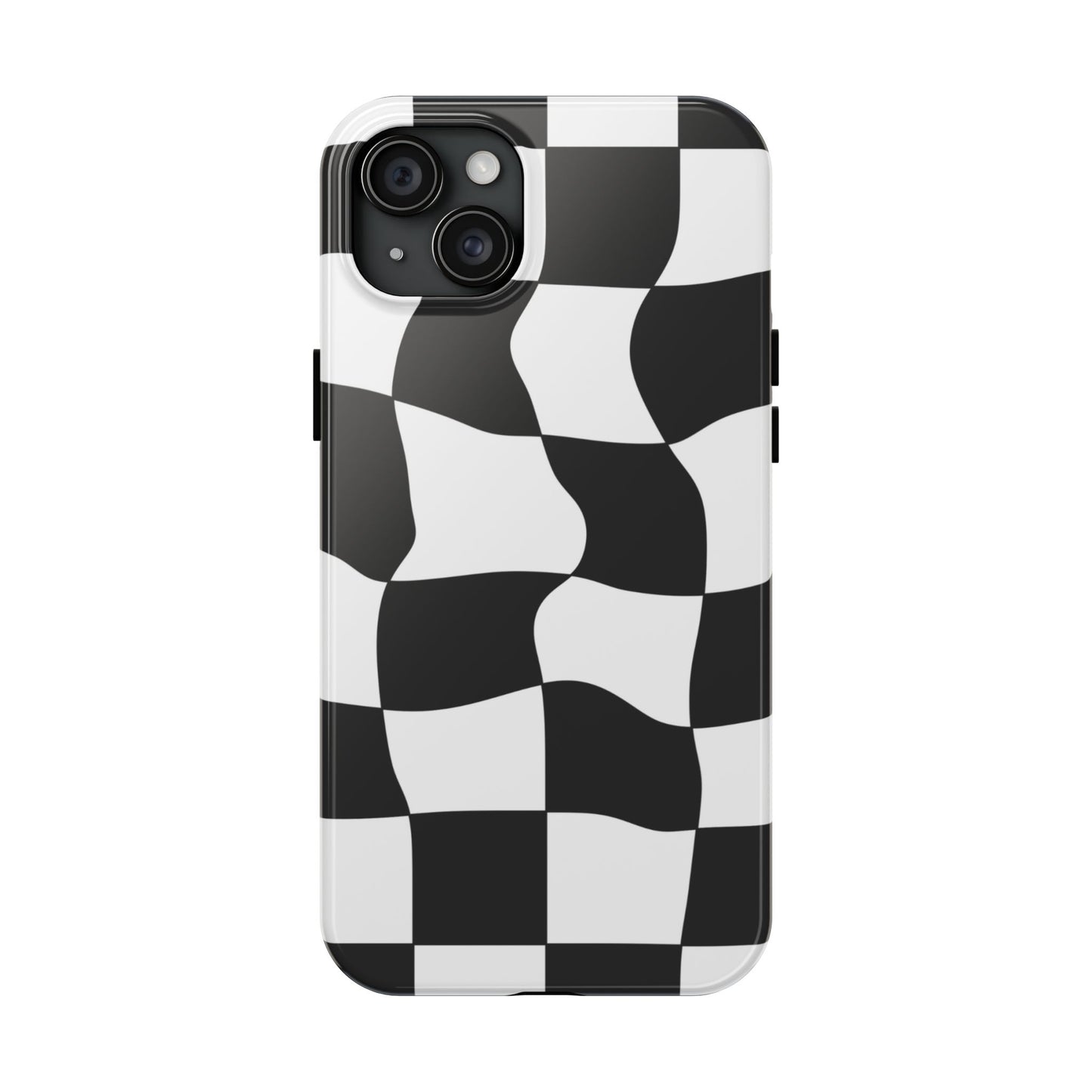 "Stand out with this sleek, black-and-white checkered phone case featuring a stylish, wavy design for a unique and modern look!"