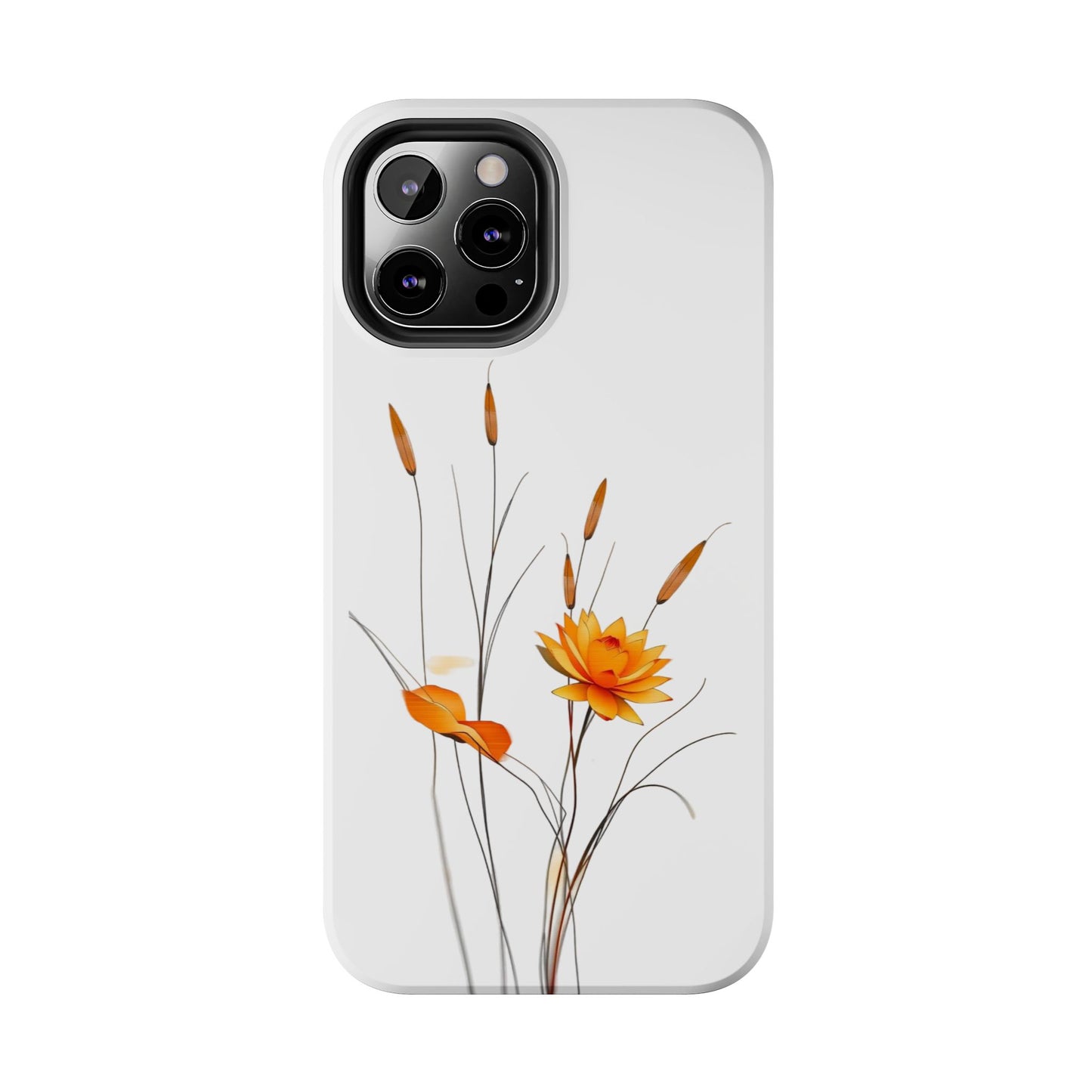 "Nature-Inspired Design Tough Phone Case – Bold Orange Blossom with Graceful Reeds"