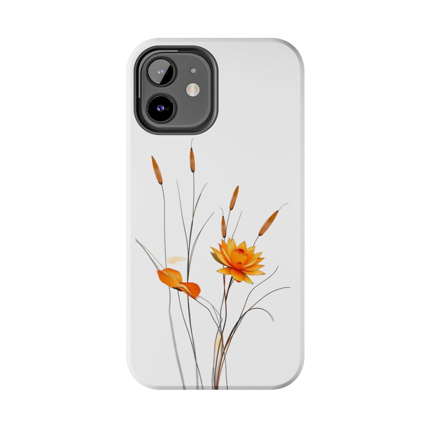 "Nature-Inspired Design Tough Phone Case – Bold Orange Blossom with Graceful Reeds"