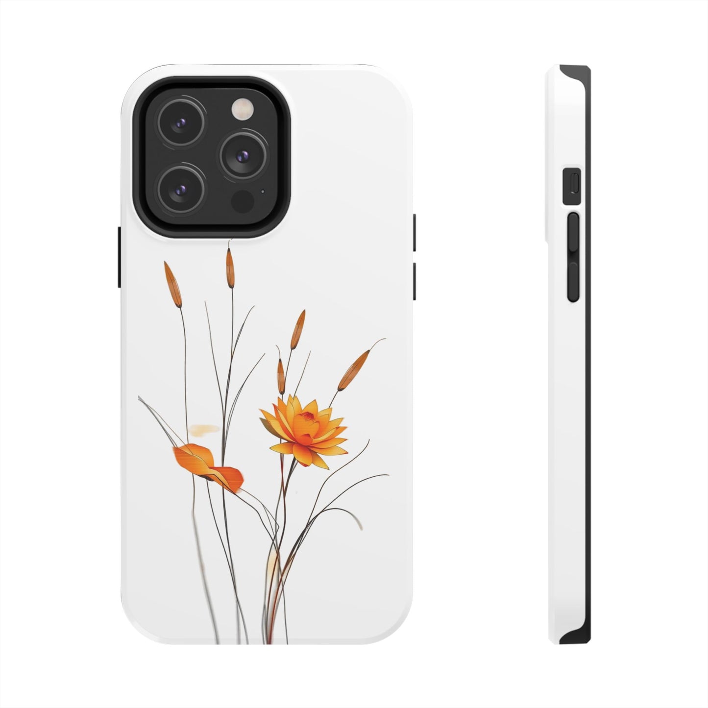 "Nature-Inspired Design Tough Phone Case – Bold Orange Blossom with Graceful Reeds"