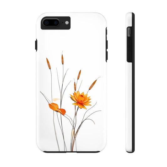 "Nature-Inspired Design Tough Phone Case – Bold Orange Blossom with Graceful Reeds"