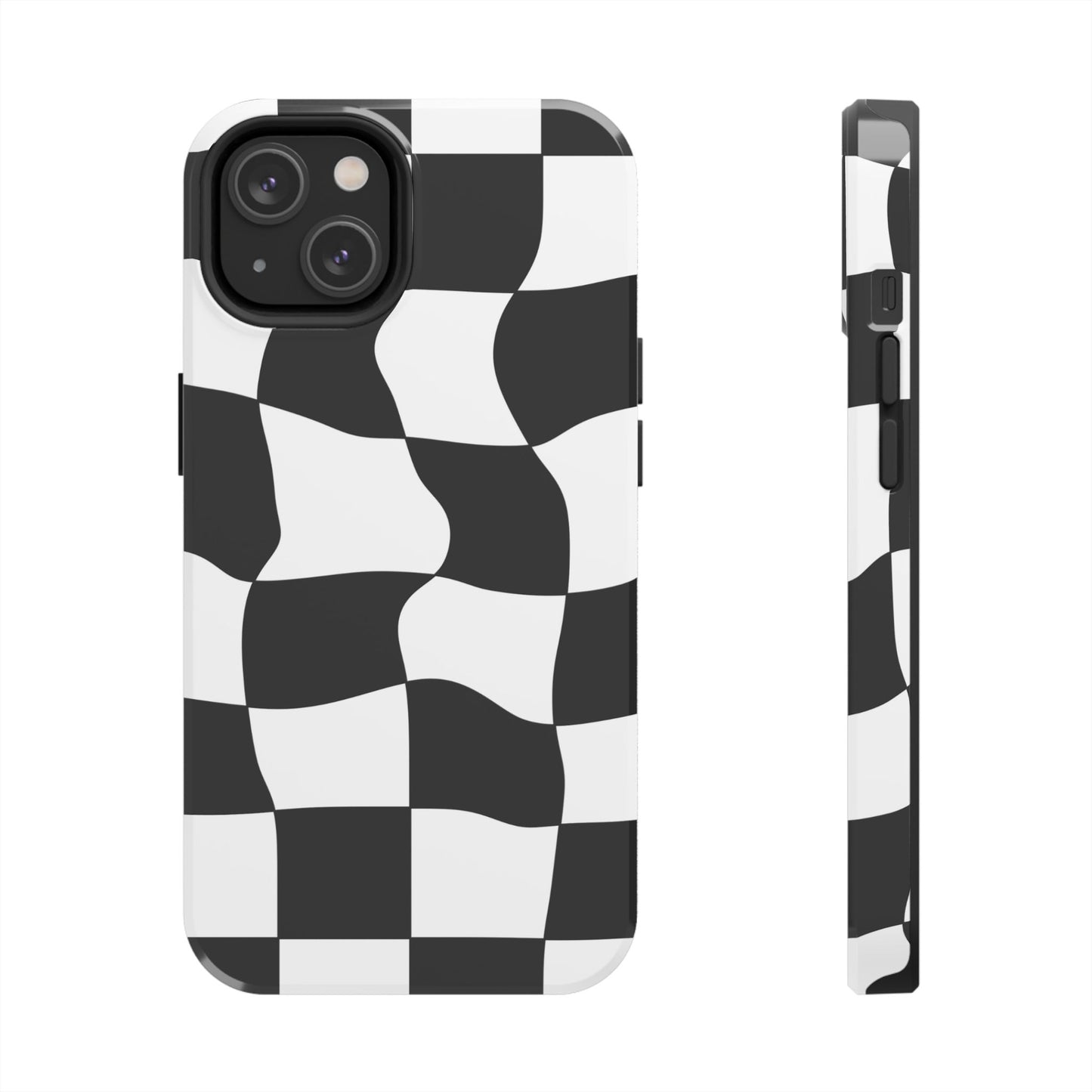 "Stand out with this sleek, black-and-white checkered phone case featuring a stylish, wavy design for a unique and modern look!"