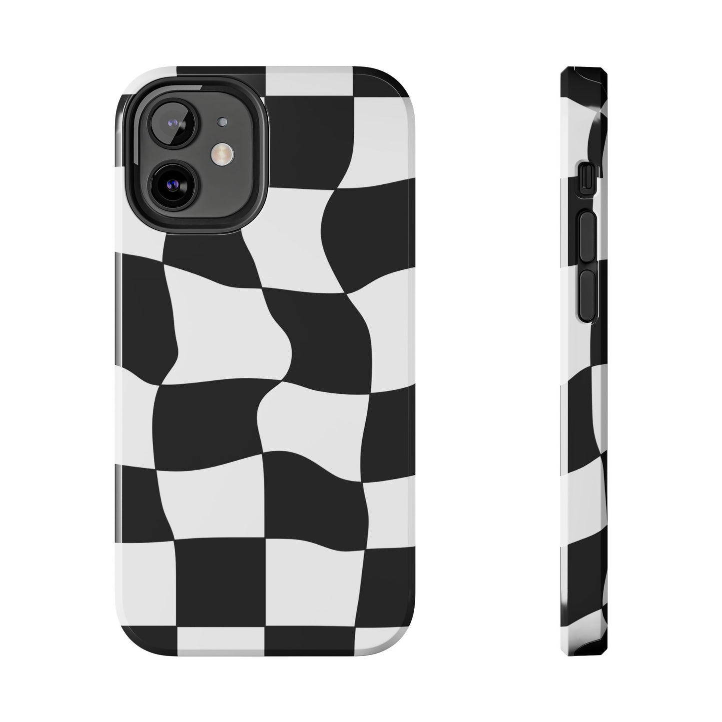 "Stand out with this sleek, black-and-white checkered phone case featuring a stylish, wavy design for a unique and modern look!"