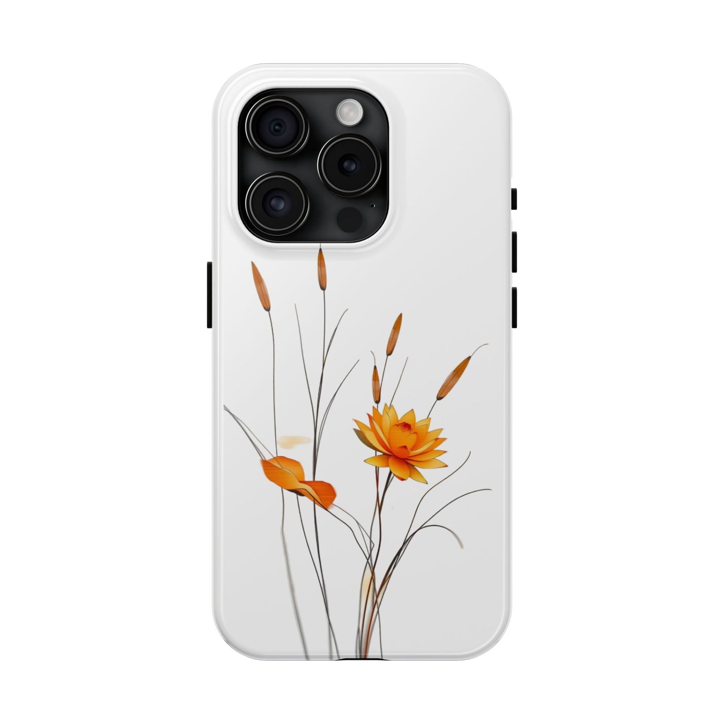 "Nature-Inspired Design Tough Phone Case – Bold Orange Blossom with Graceful Reeds"