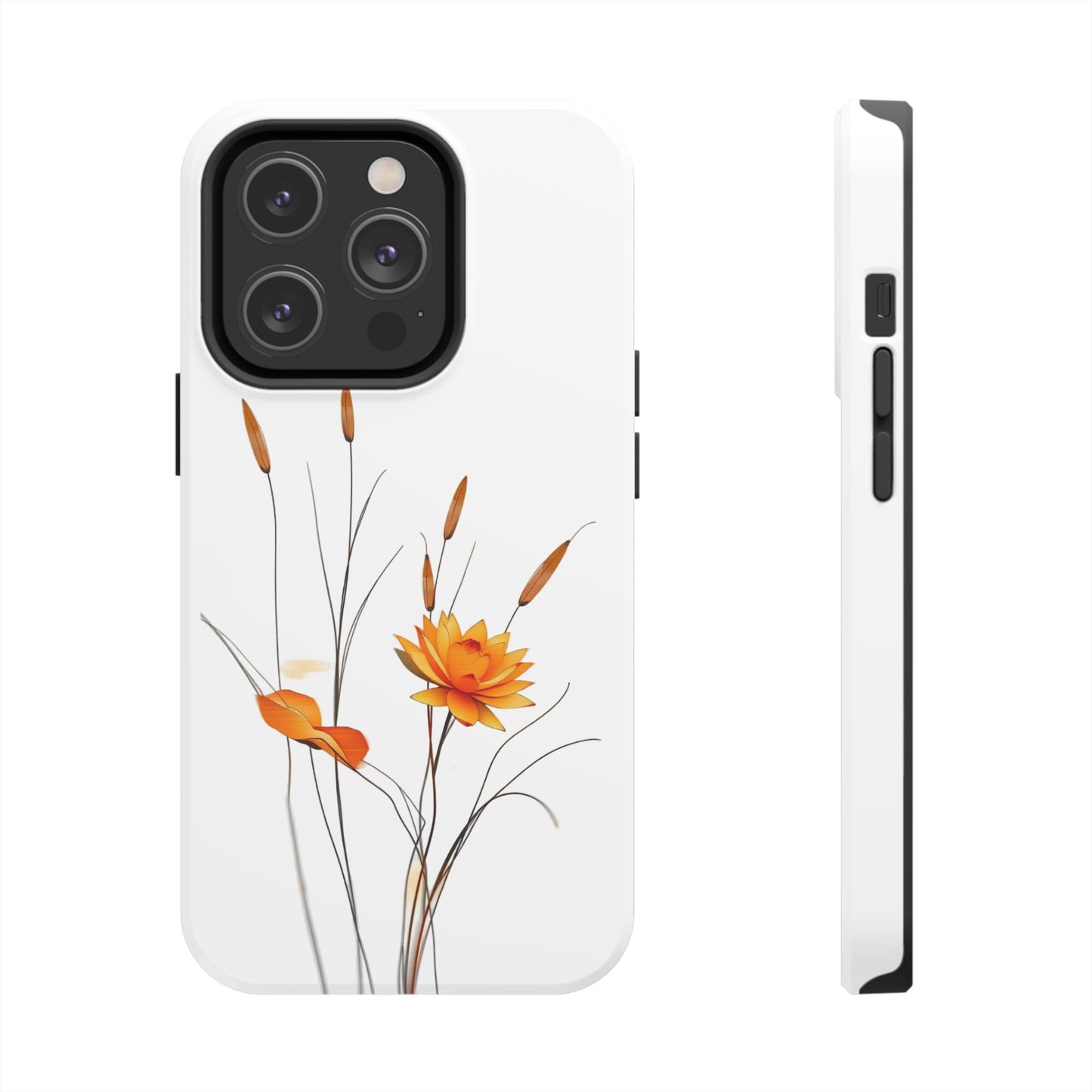 "Nature-Inspired Design Tough Phone Case – Bold Orange Blossom with Graceful Reeds"