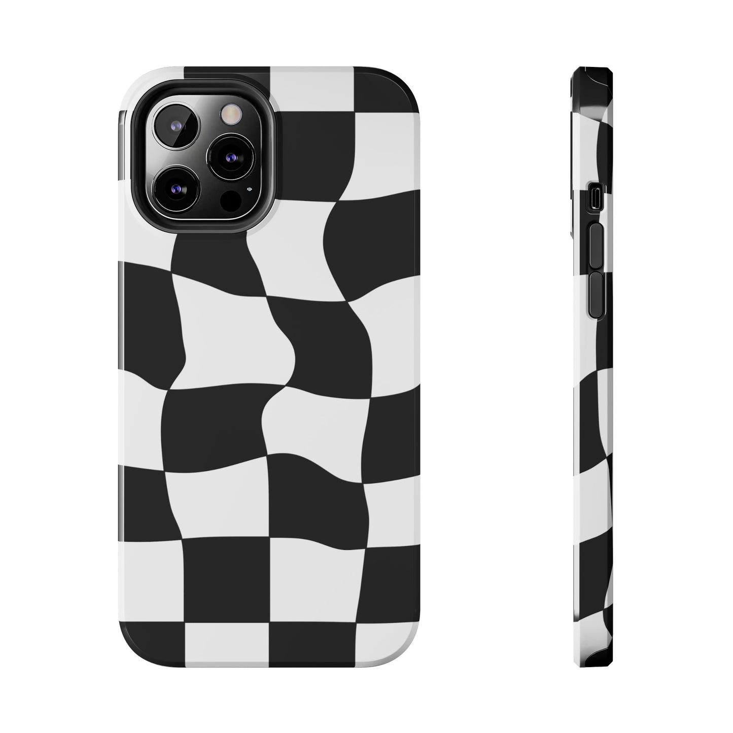 "Stand out with this sleek, black-and-white checkered phone case featuring a stylish, wavy design for a unique and modern look!"