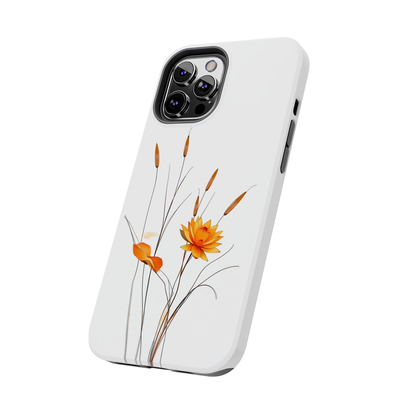 "Nature-Inspired Design Tough Phone Case – Bold Orange Blossom with Graceful Reeds"