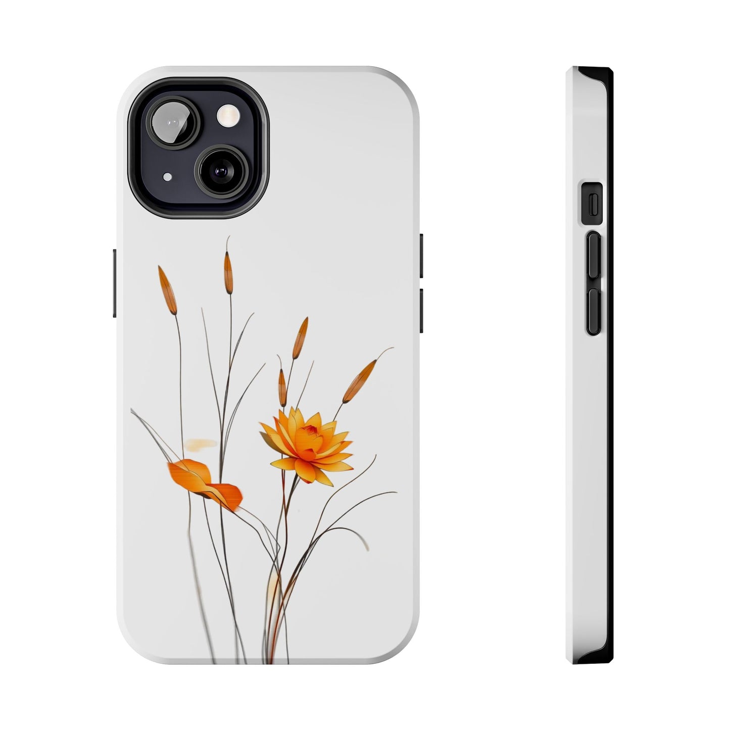 "Nature-Inspired Design Tough Phone Case – Bold Orange Blossom with Graceful Reeds"