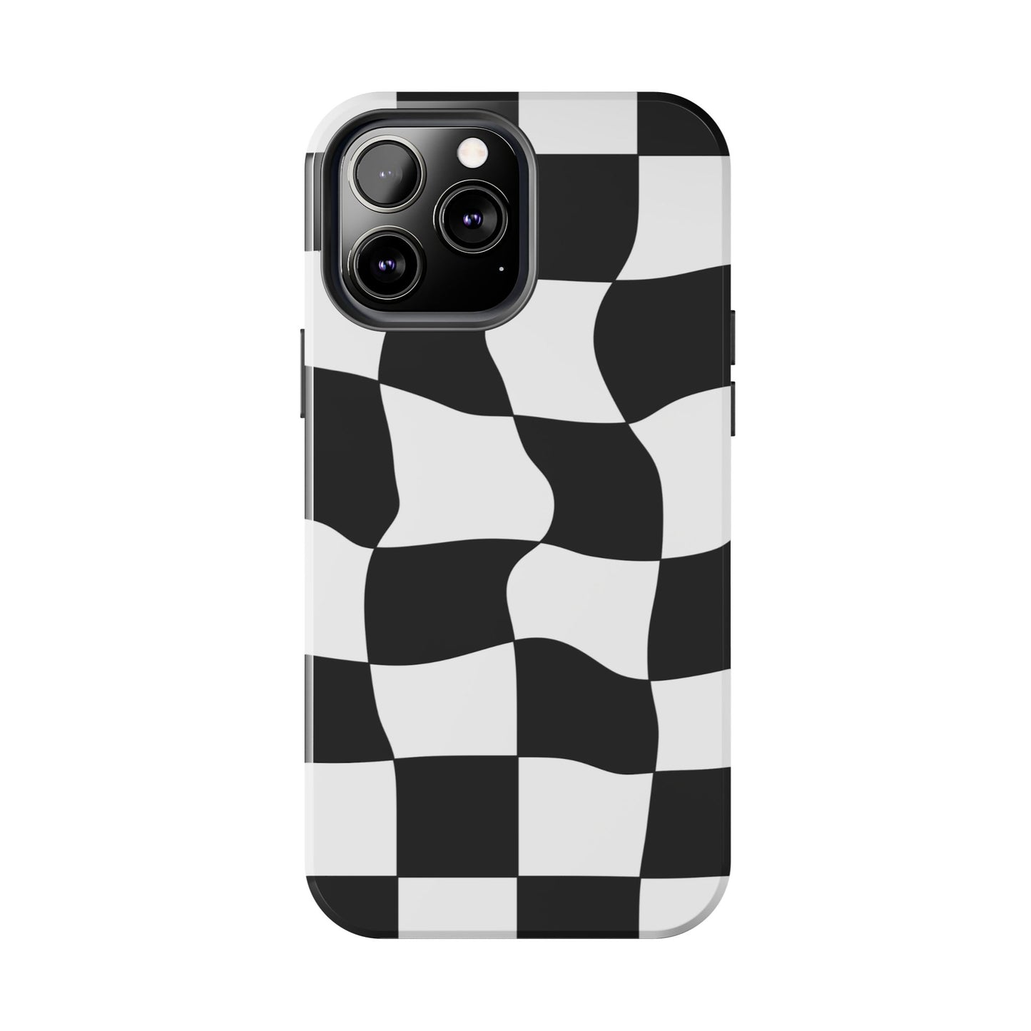 "Stand out with this sleek, black-and-white checkered phone case featuring a stylish, wavy design for a unique and modern look!"