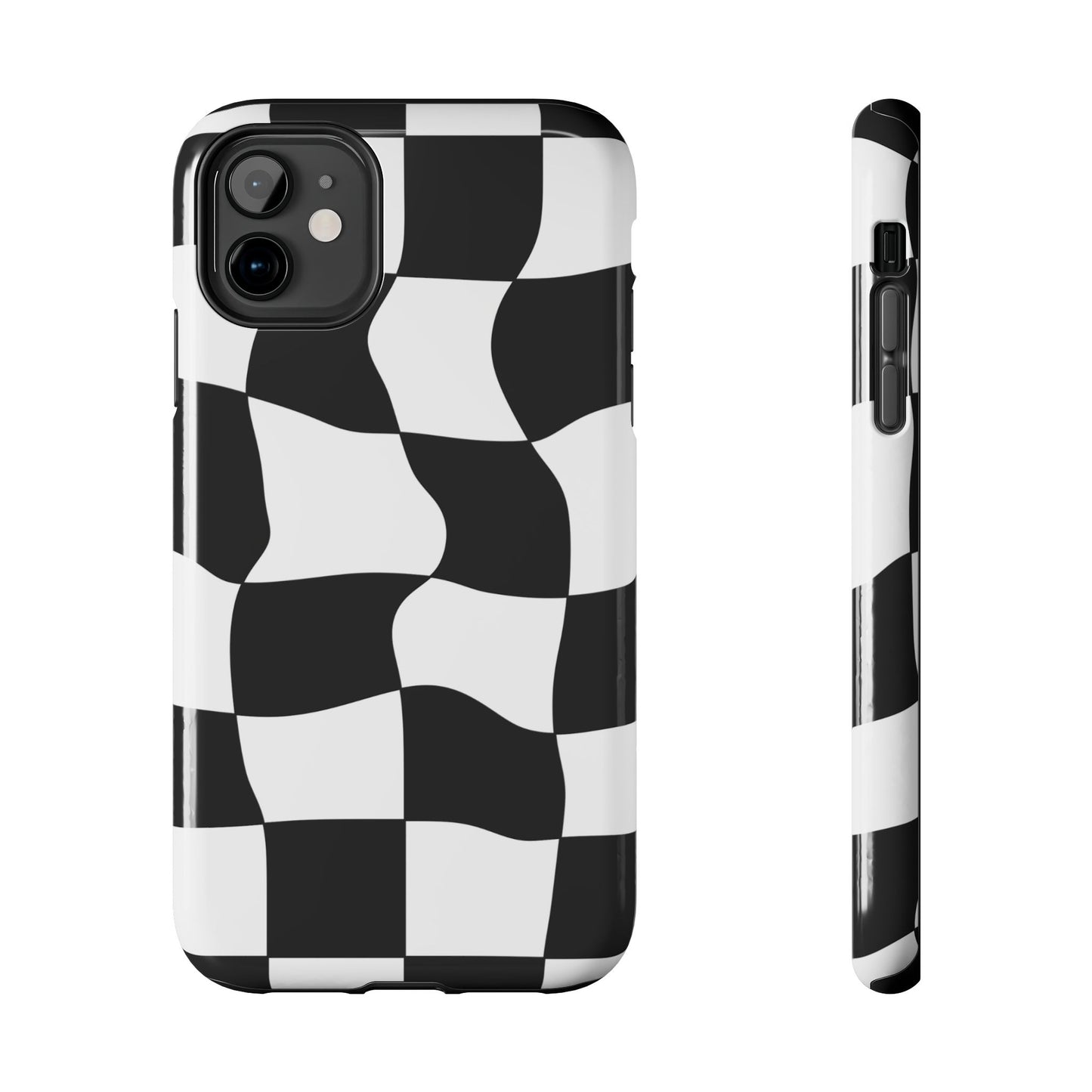 "Stand out with this sleek, black-and-white checkered phone case featuring a stylish, wavy design for a unique and modern look!"