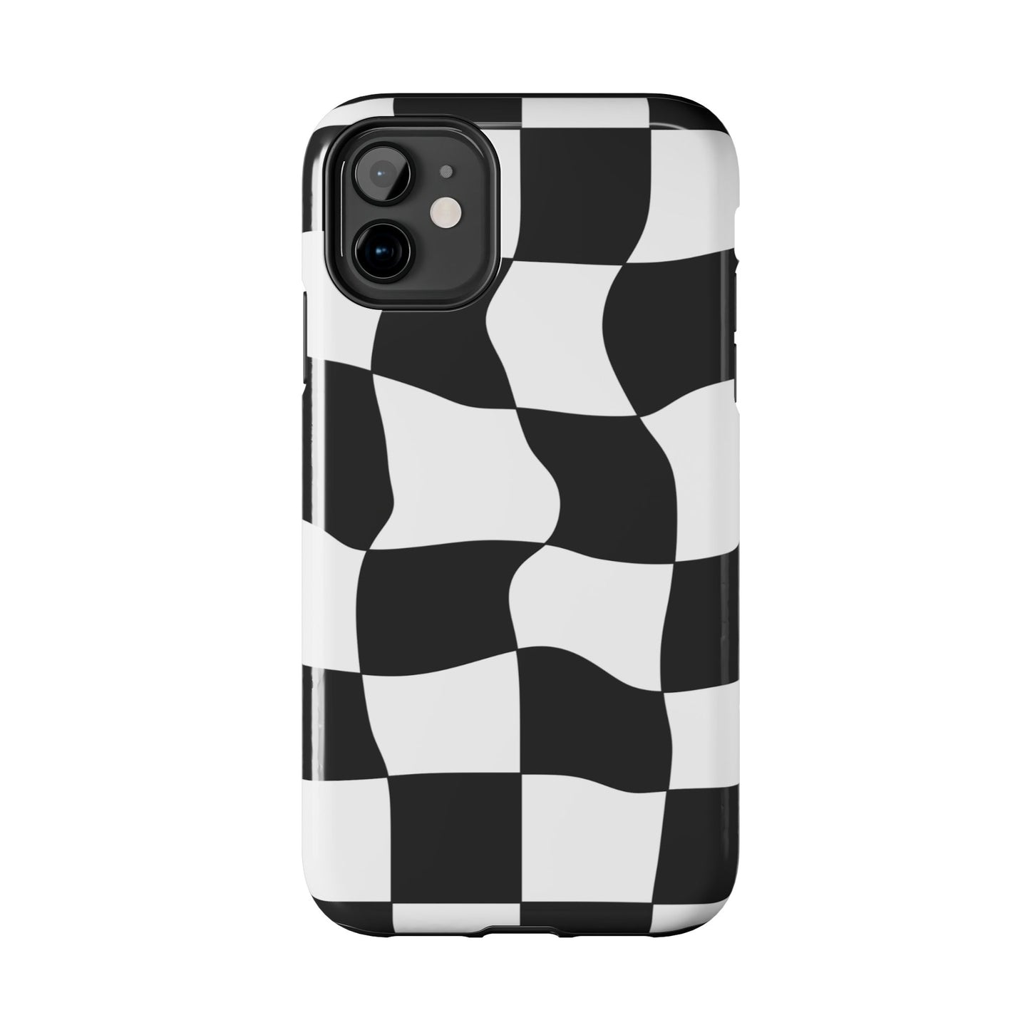 "Stand out with this sleek, black-and-white checkered phone case featuring a stylish, wavy design for a unique and modern look!"