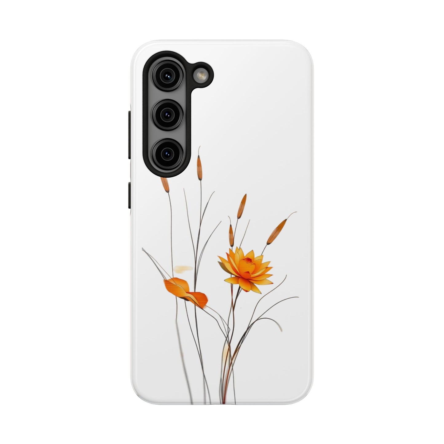 "Nature-Inspired Design Tough Phone Case – Bold Orange Blossom with Graceful Reeds"