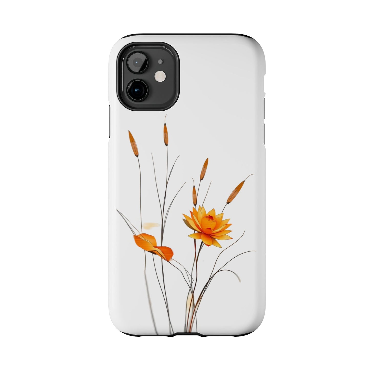 "Nature-Inspired Design Tough Phone Case – Bold Orange Blossom with Graceful Reeds"