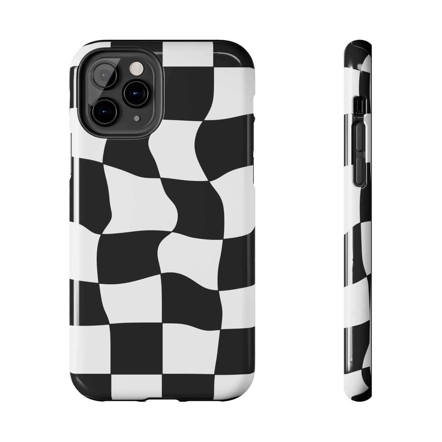 "Stand out with this sleek, black-and-white checkered phone case featuring a stylish, wavy design for a unique and modern look!"