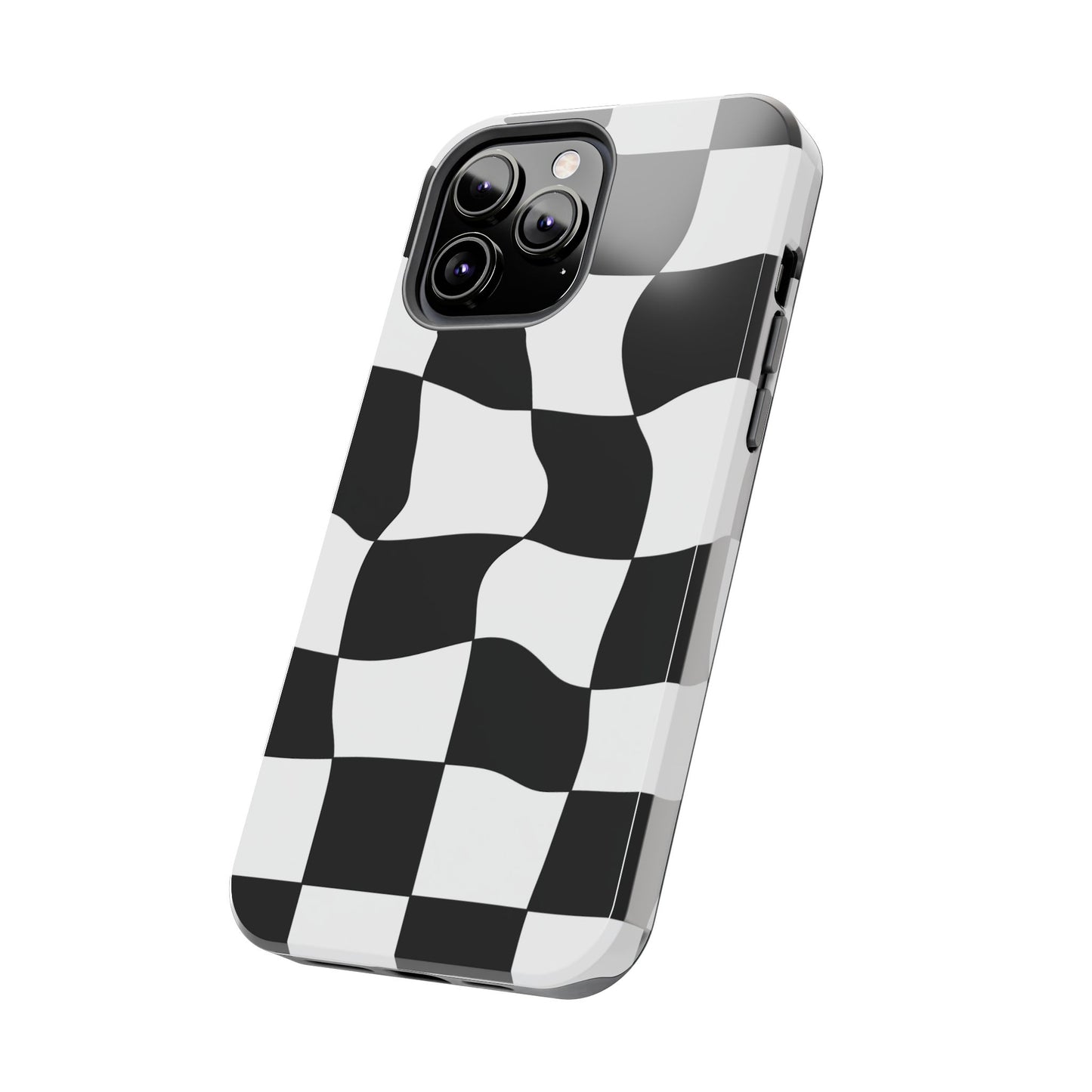 "Stand out with this sleek, black-and-white checkered phone case featuring a stylish, wavy design for a unique and modern look!"