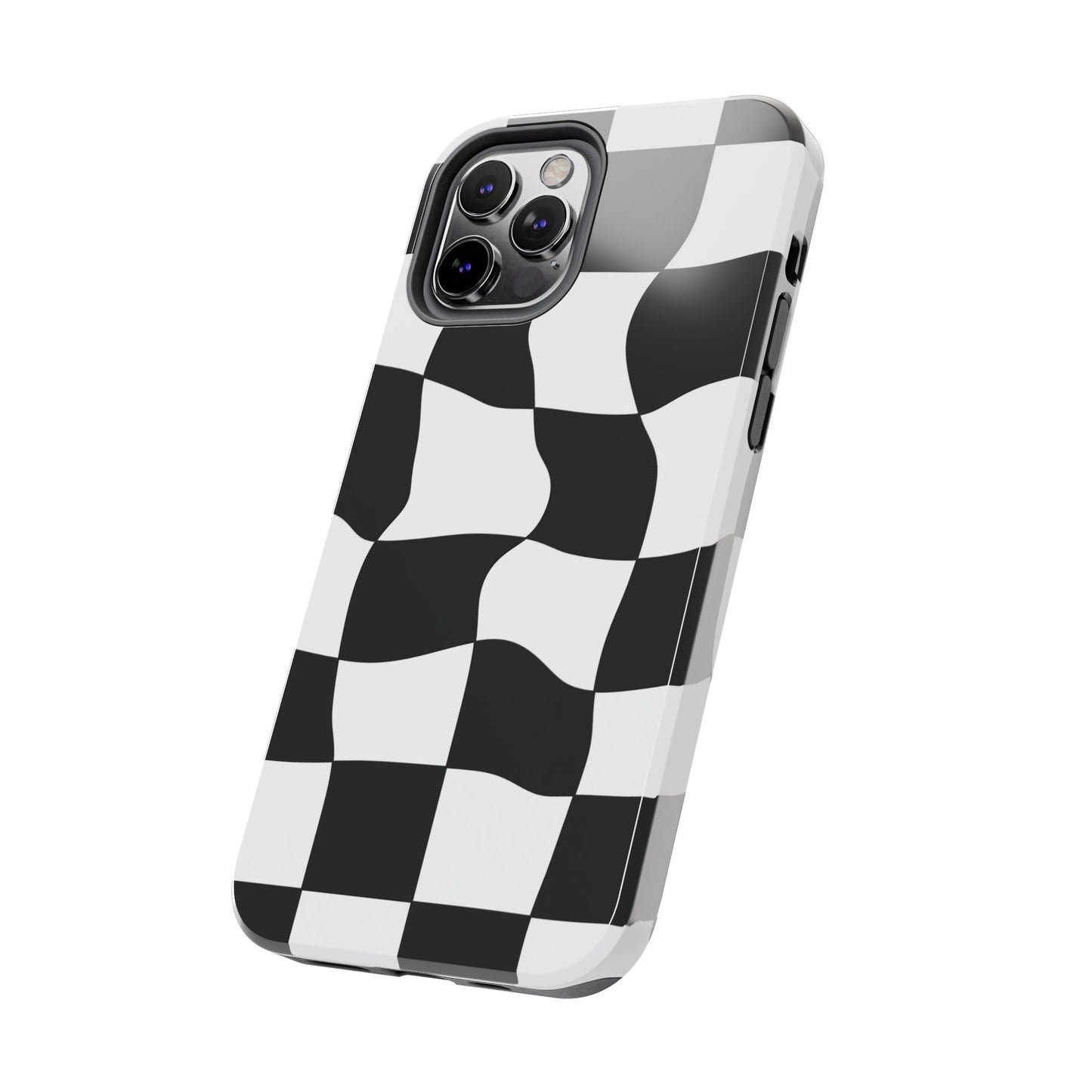 "Stand out with this sleek, black-and-white checkered phone case featuring a stylish, wavy design for a unique and modern look!"