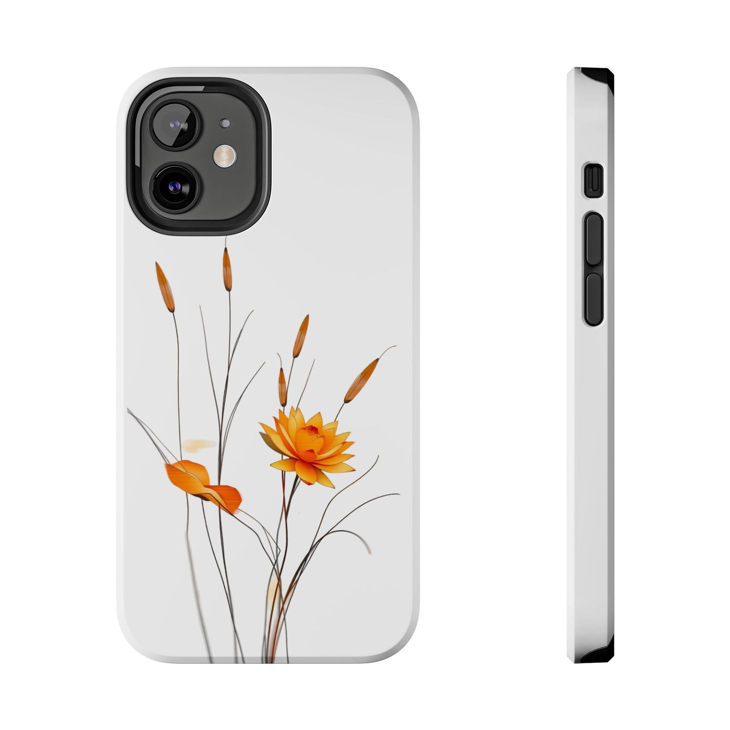 "Nature-Inspired Design Tough Phone Case – Bold Orange Blossom with Graceful Reeds"