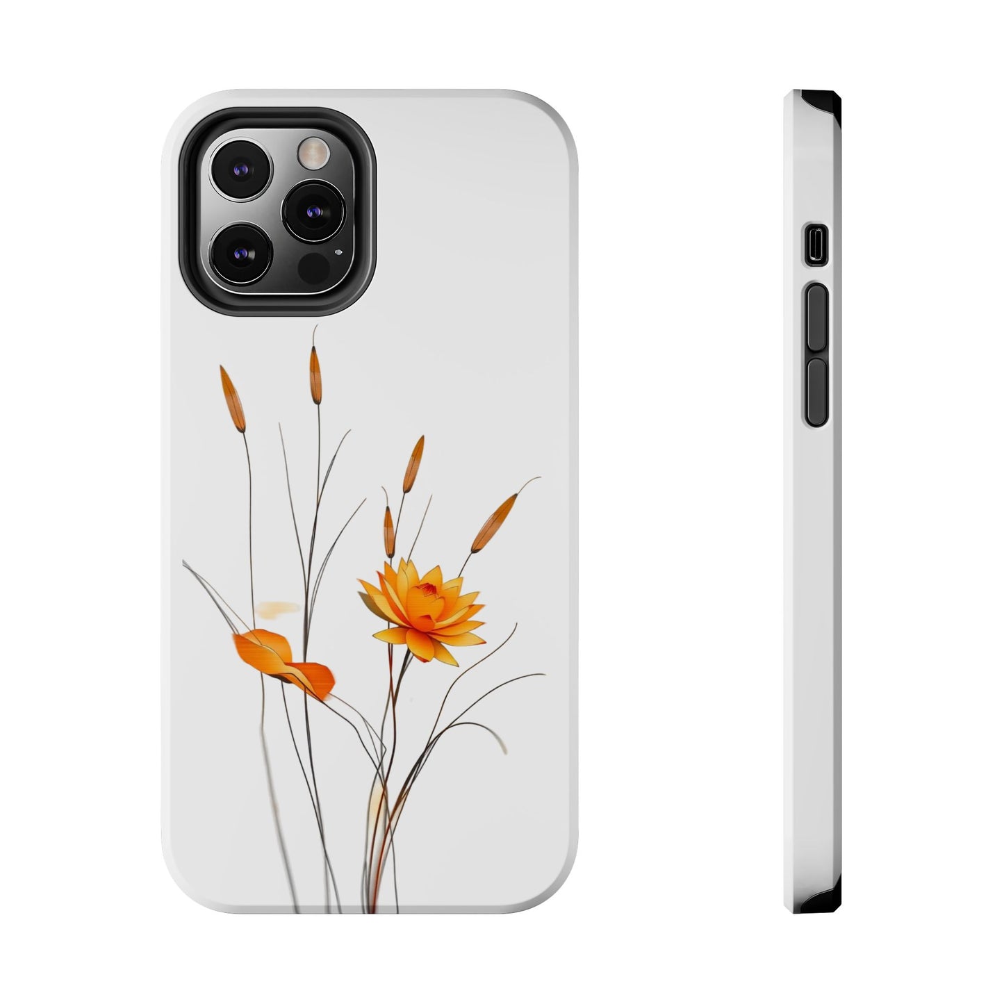 "Nature-Inspired Design Tough Phone Case – Bold Orange Blossom with Graceful Reeds"