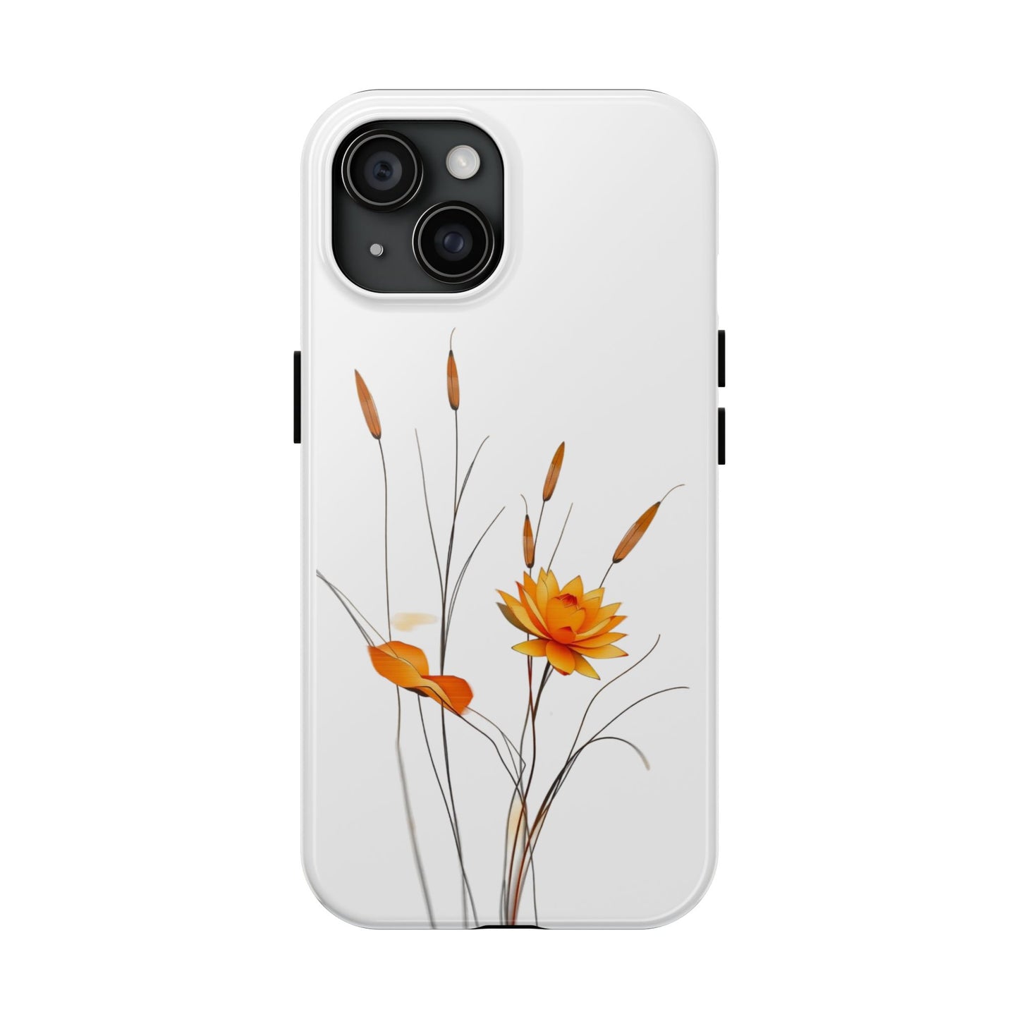 "Nature-Inspired Design Tough Phone Case – Bold Orange Blossom with Graceful Reeds"