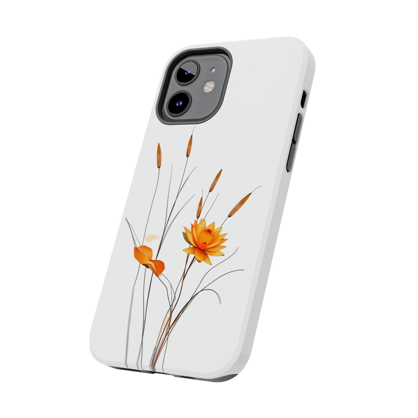 "Nature-Inspired Design Tough Phone Case – Bold Orange Blossom with Graceful Reeds"