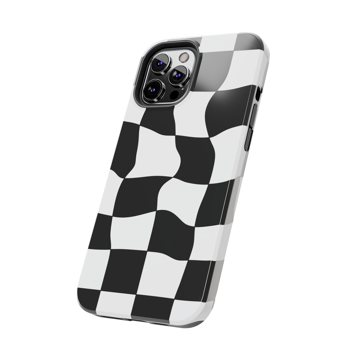 "Stand out with this sleek, black-and-white checkered phone case featuring a stylish, wavy design for a unique and modern look!"