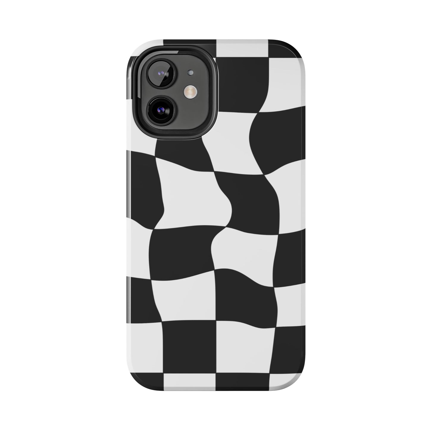 "Stand out with this sleek, black-and-white checkered phone case featuring a stylish, wavy design for a unique and modern look!"