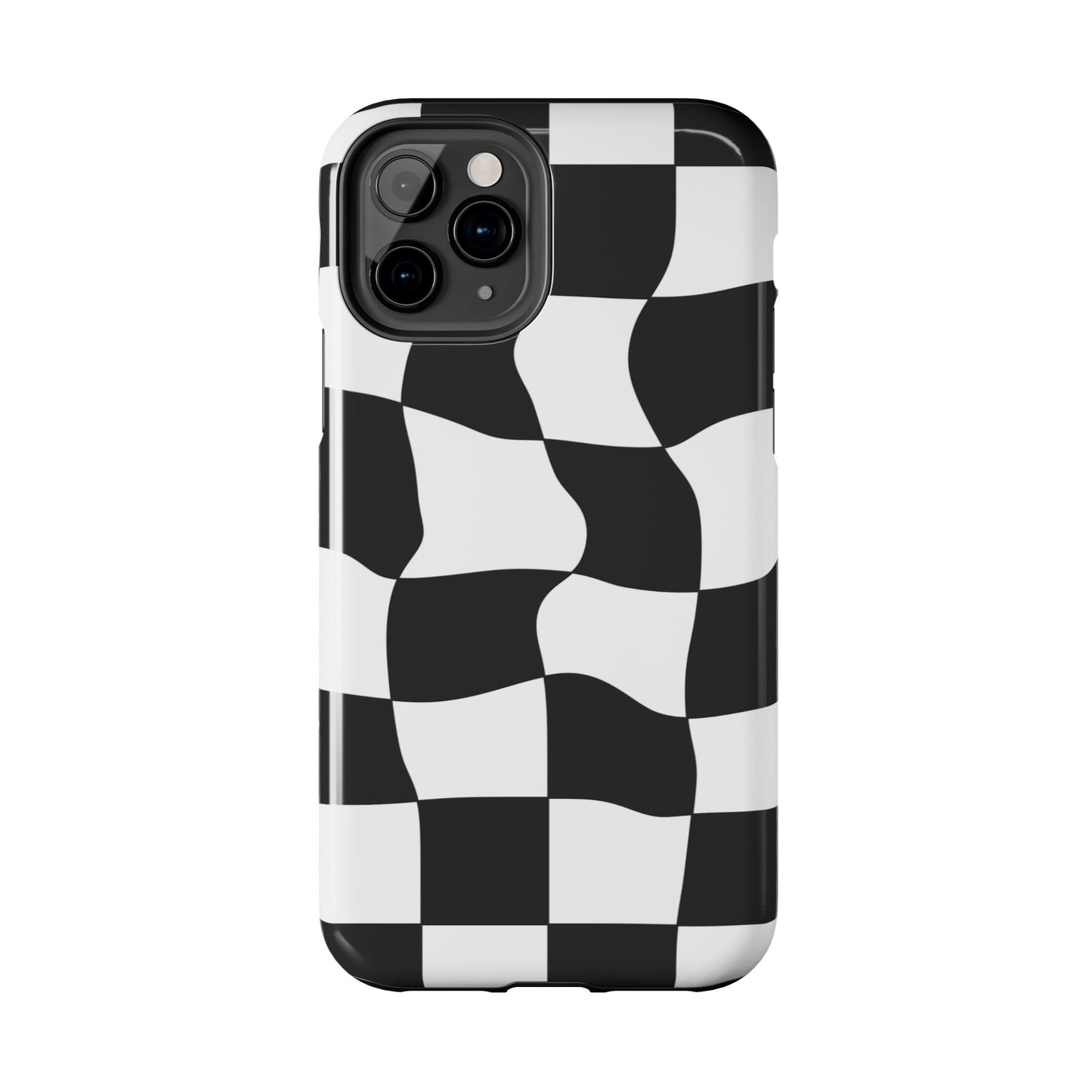 "Stand out with this sleek, black-and-white checkered phone case featuring a stylish, wavy design for a unique and modern look!"