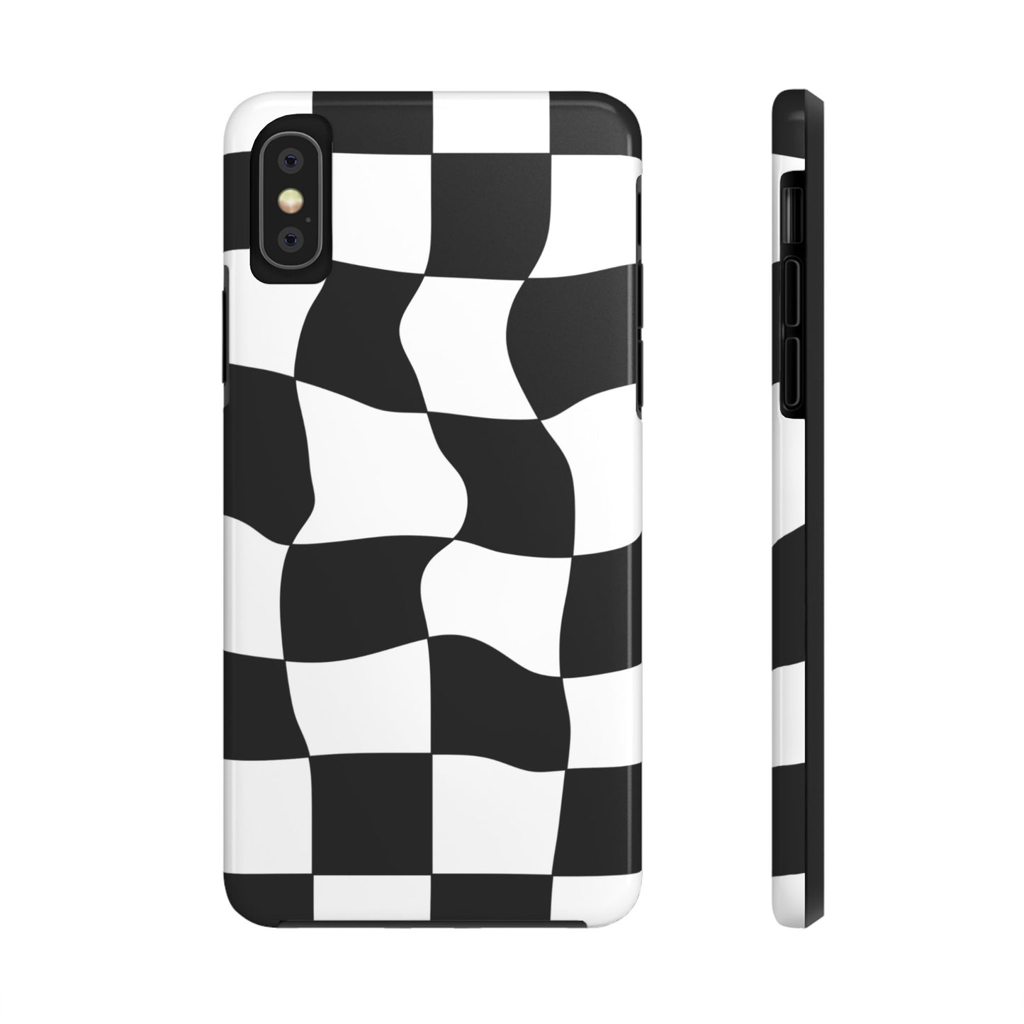 "Stand out with this sleek, black-and-white checkered phone case featuring a stylish, wavy design for a unique and modern look!"