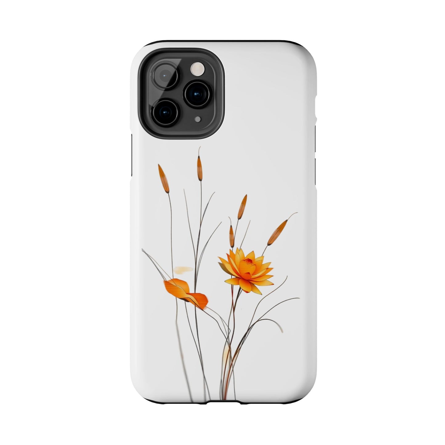 "Nature-Inspired Design Tough Phone Case – Bold Orange Blossom with Graceful Reeds"